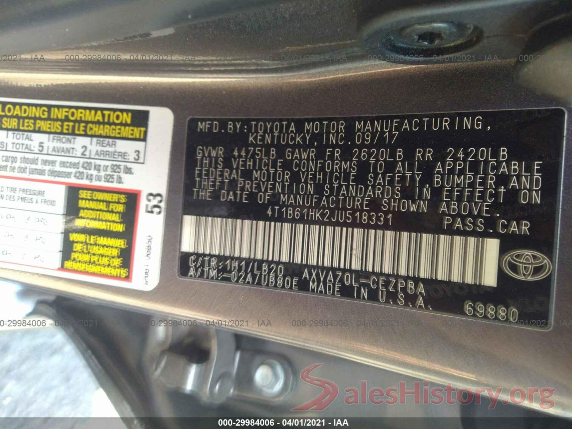 4T1B61HK2JU518331 2018 TOYOTA CAMRY