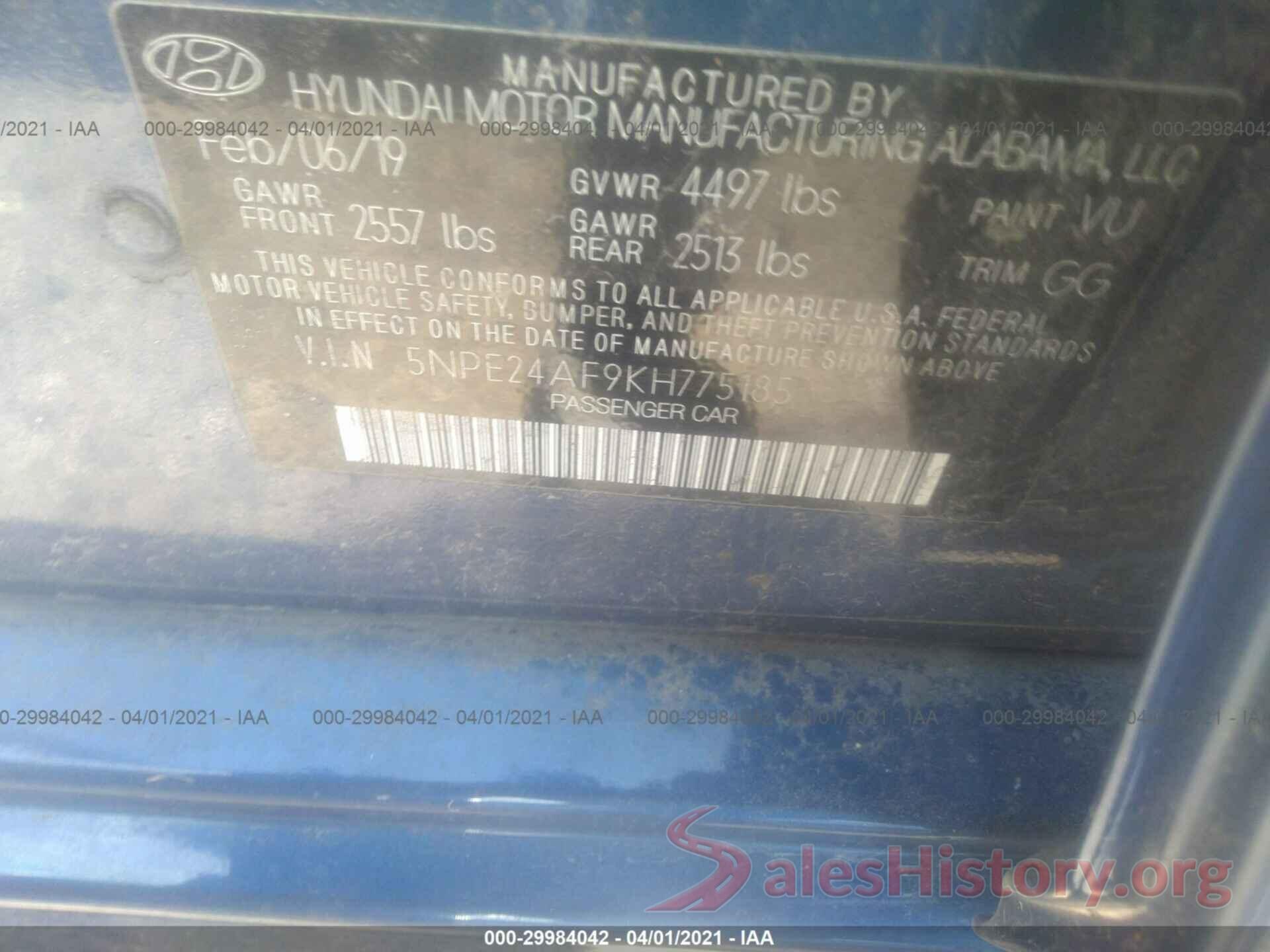 5NPE24AF9KH775185 2019 HYUNDAI SONATA