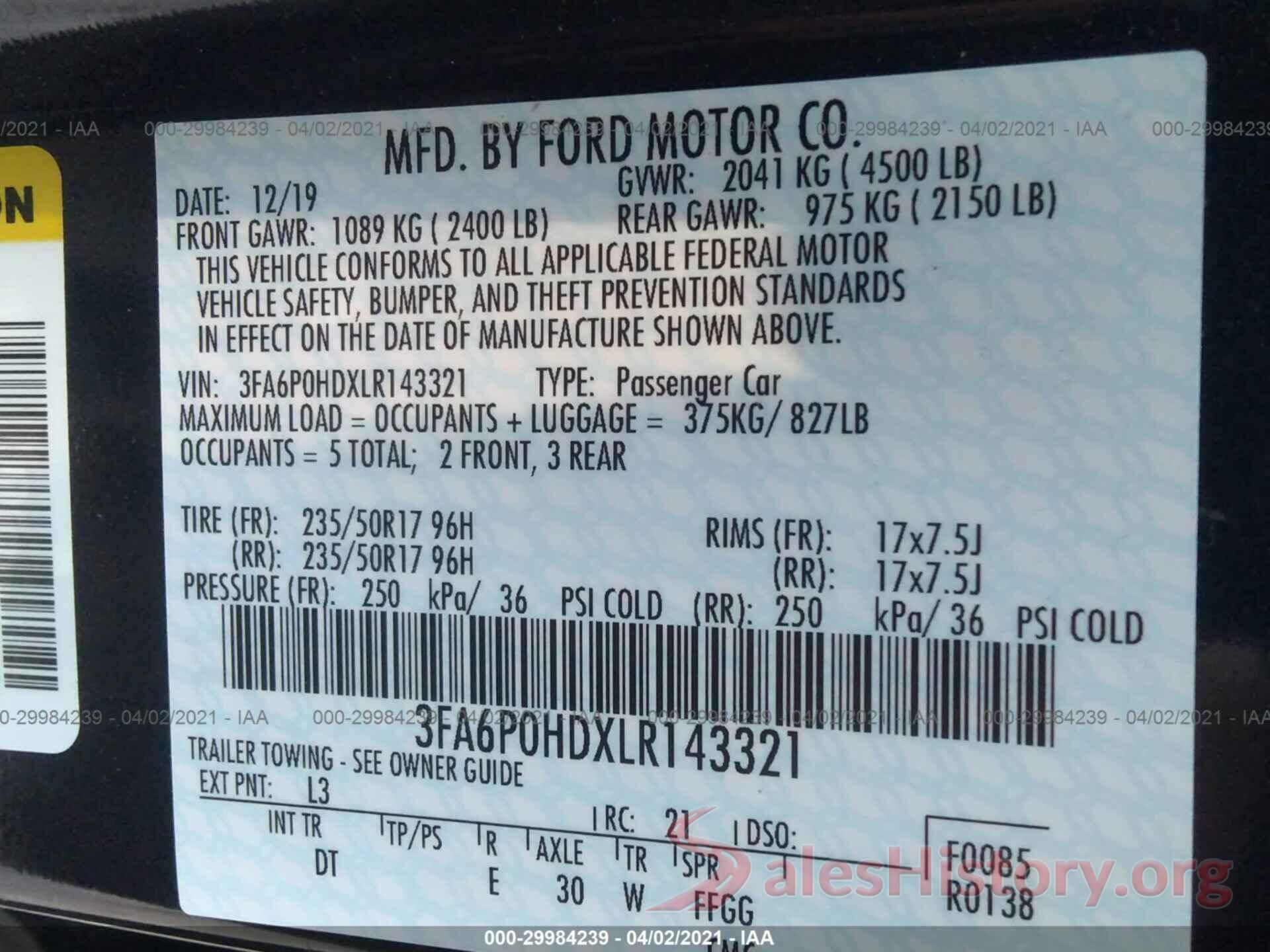 3FA6P0HDXLR143321 2020 FORD FUSION