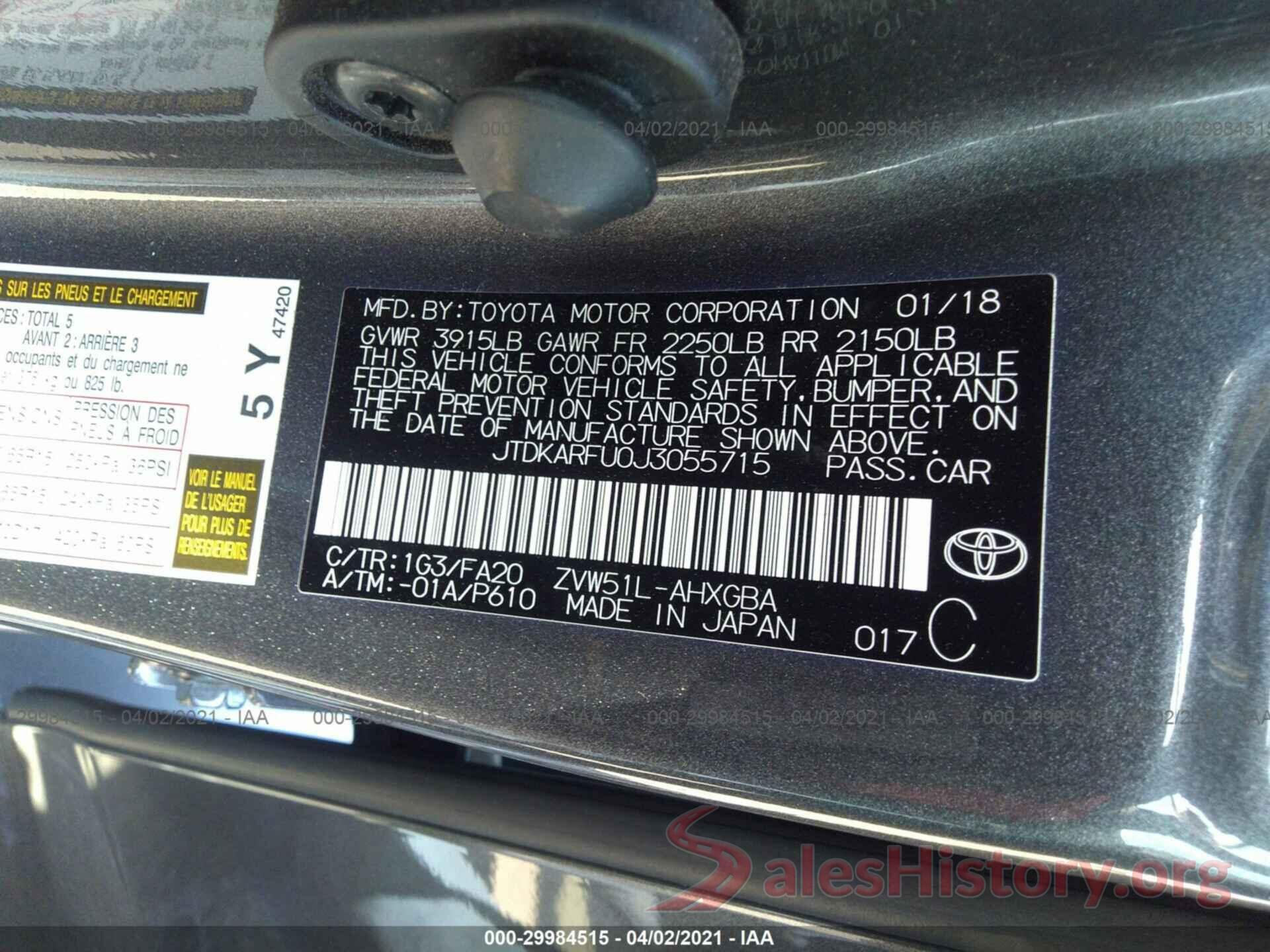 JTDKARFU0J3055715 2018 TOYOTA PRIUS