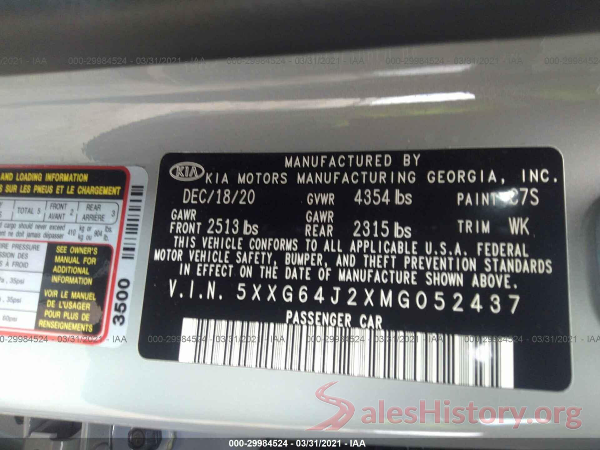 5XXG64J2XMG052437 2021 KIA K5