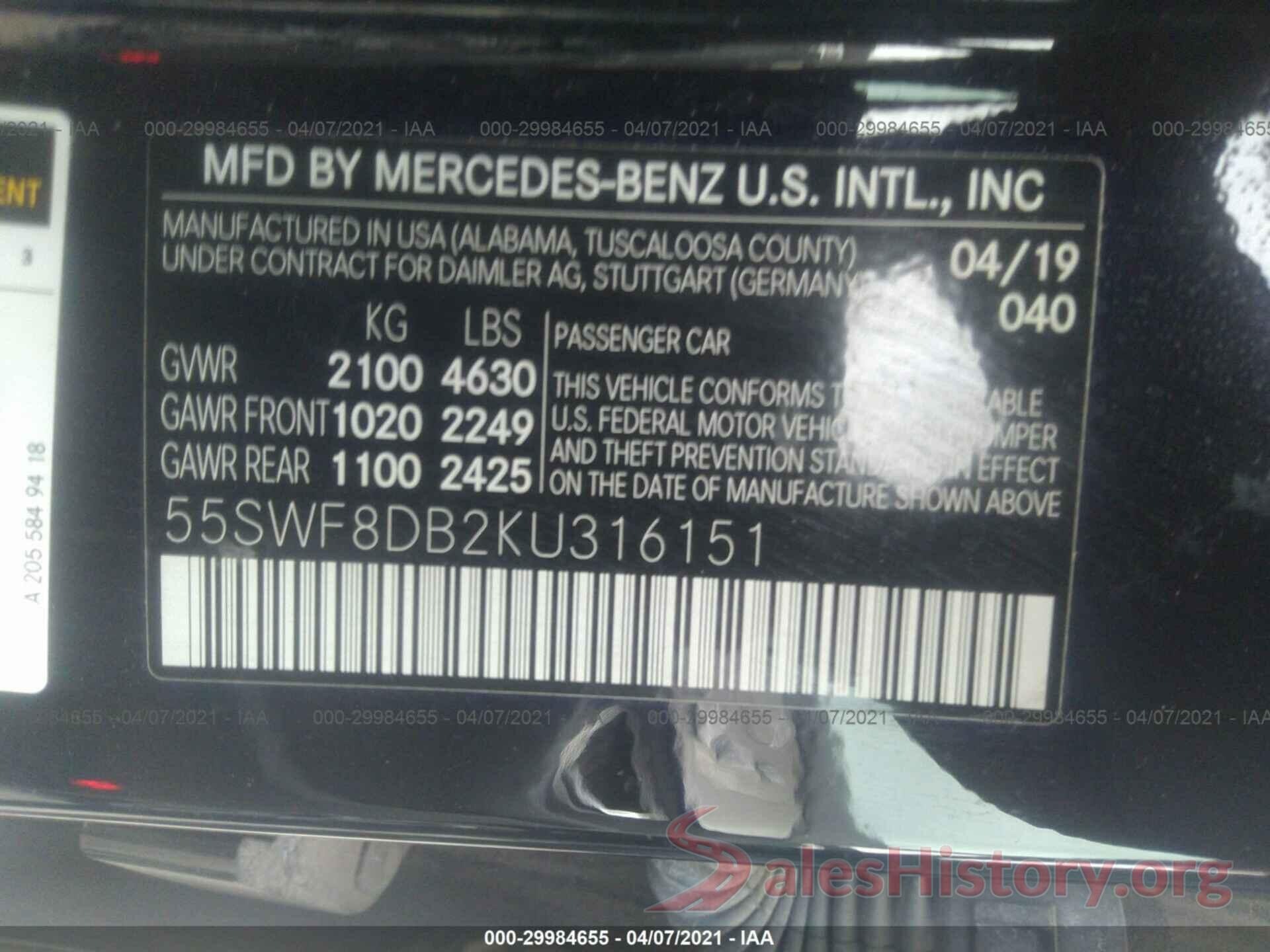 55SWF8DB2KU316151 2019 MERCEDES-BENZ C-CLASS