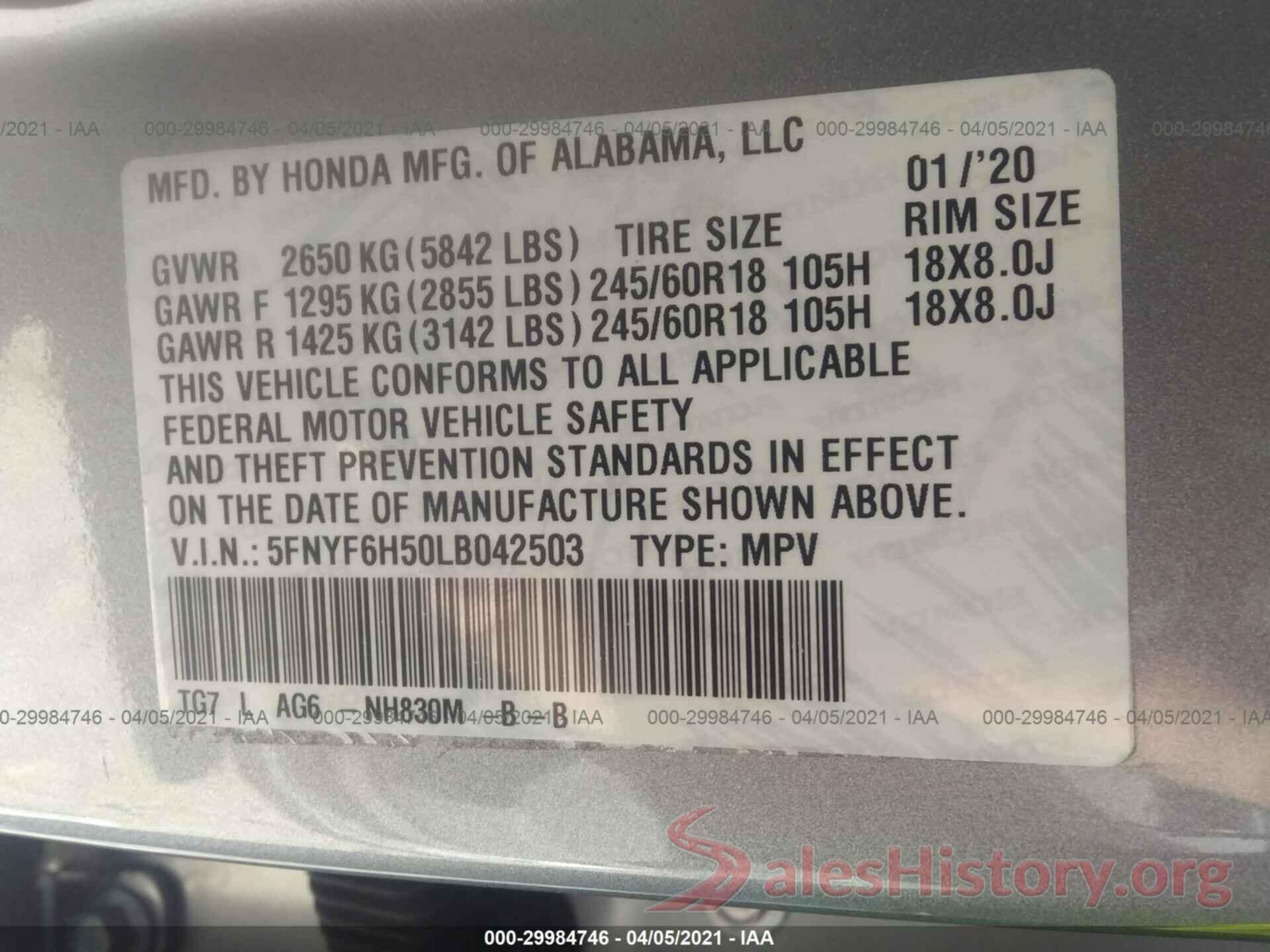 5FNYF6H50LB042503 2020 HONDA PILOT