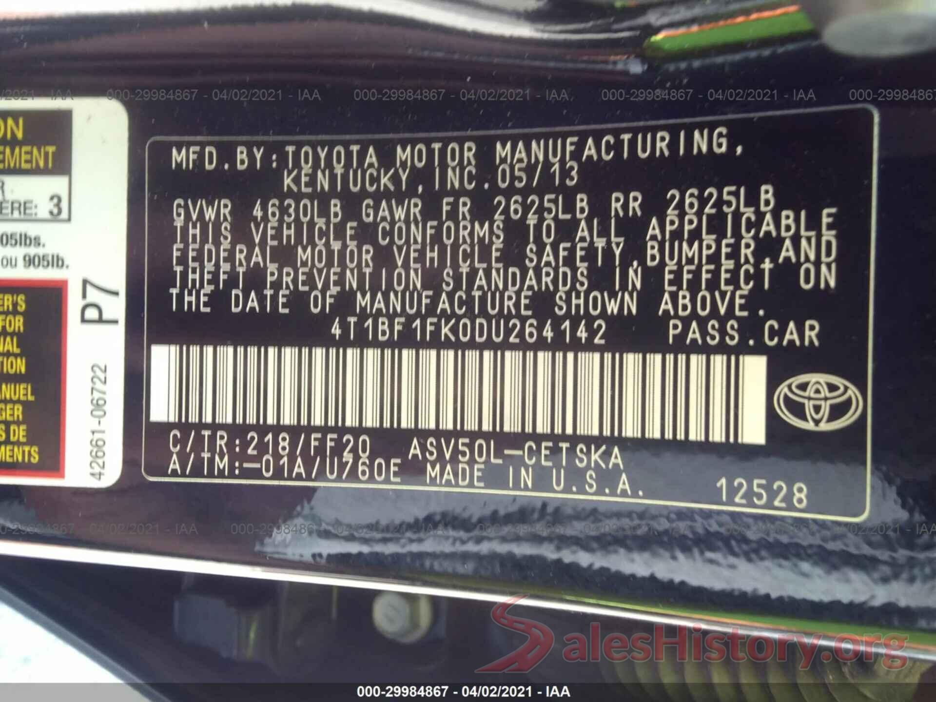 4T1BF1FK0DU264142 2013 TOYOTA CAMRY