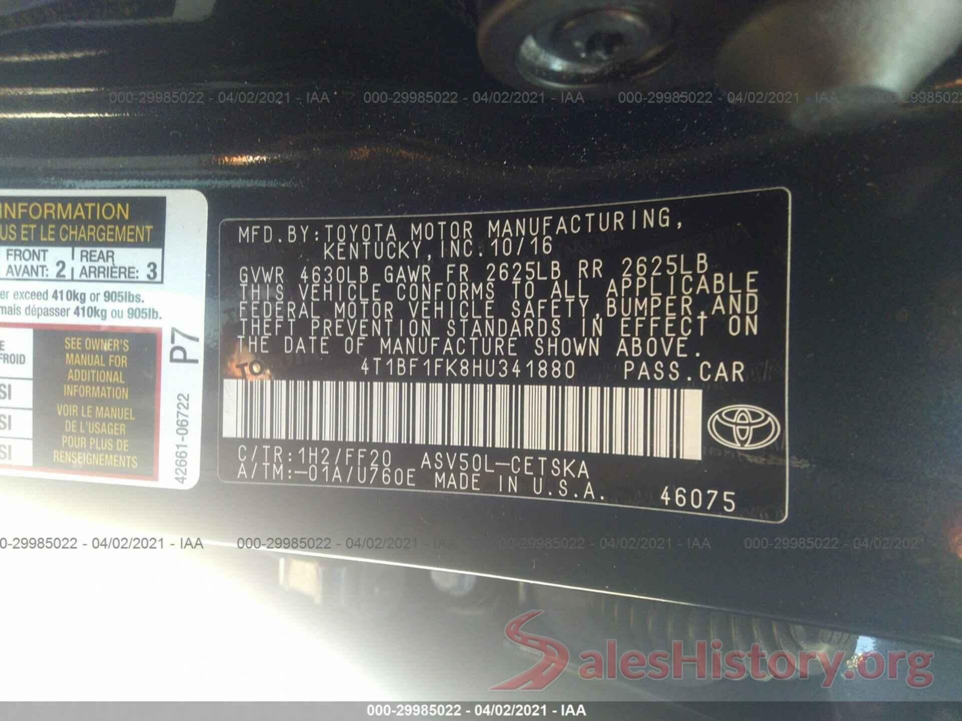 4T1BF1FK8HU341880 2017 TOYOTA CAMRY