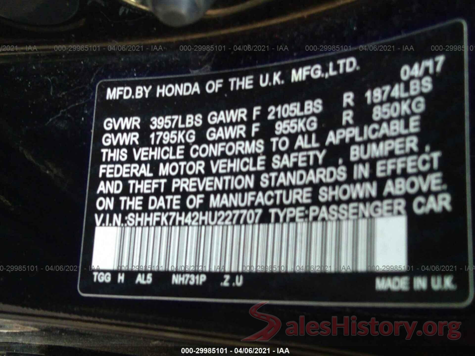 SHHFK7H42HU227707 2017 HONDA CIVIC HATCHBACK