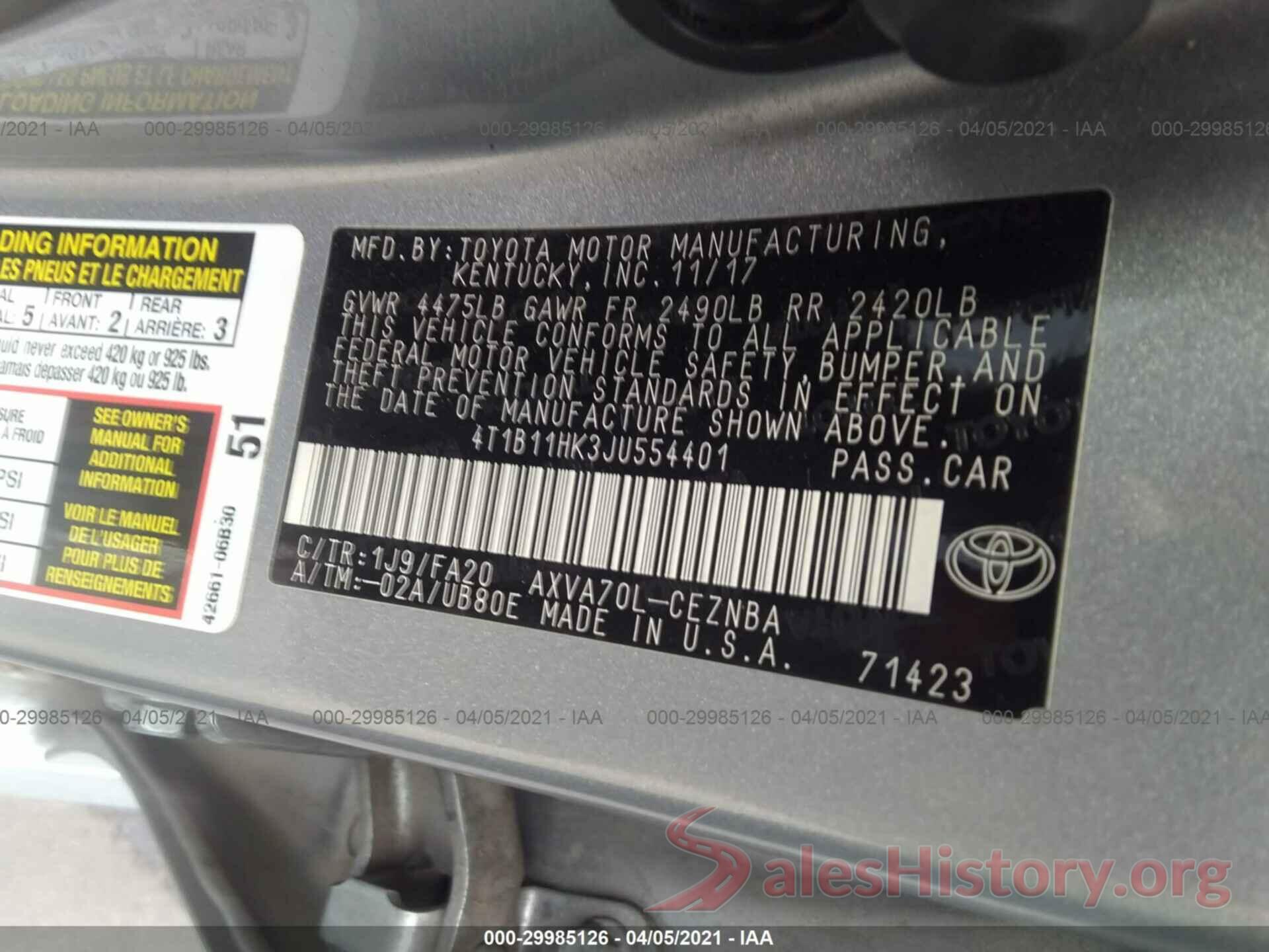 4T1B11HK3JU554401 2018 TOYOTA CAMRY