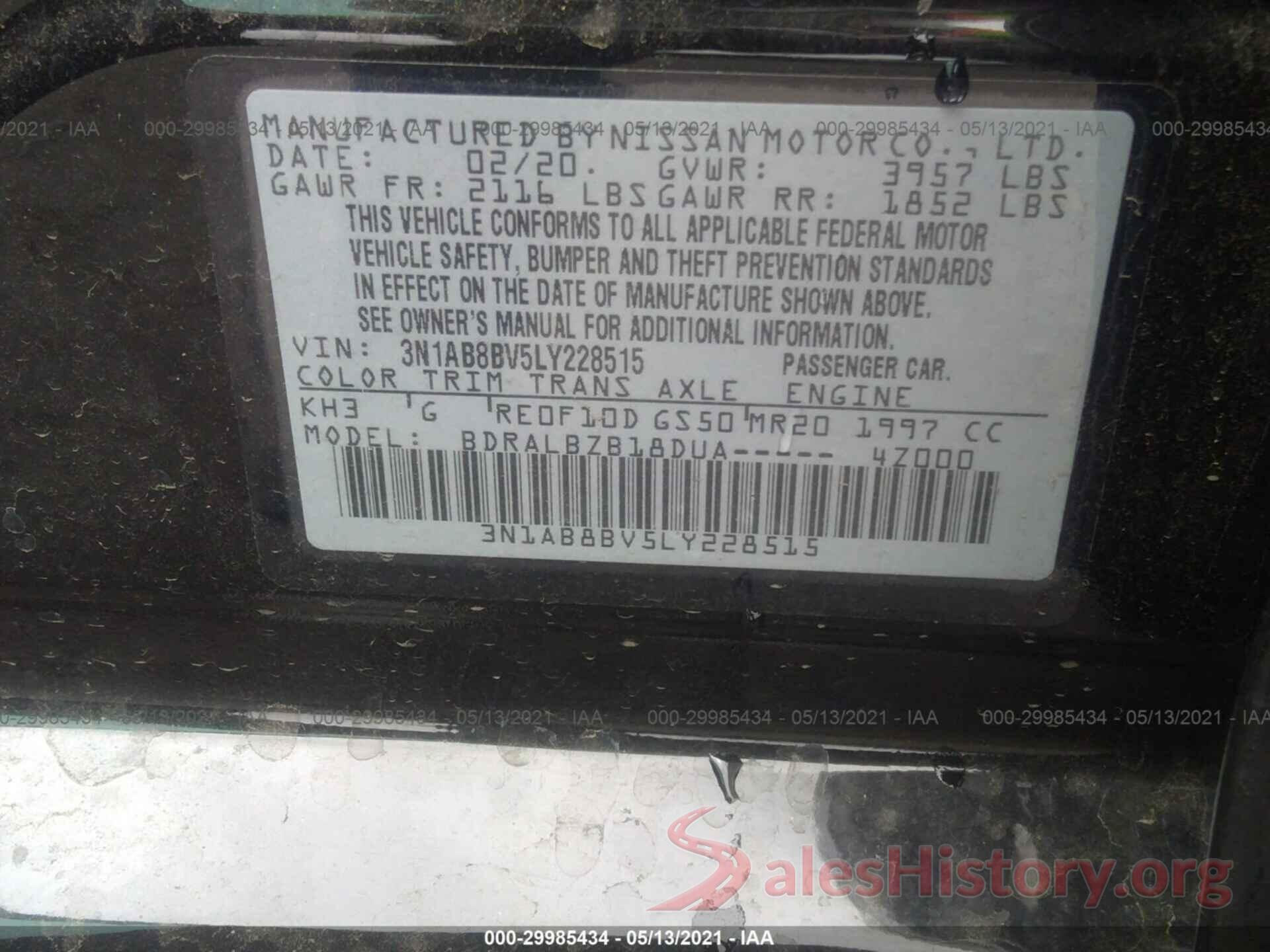 3N1AB8BV5LY228515 2020 NISSAN SENTRA