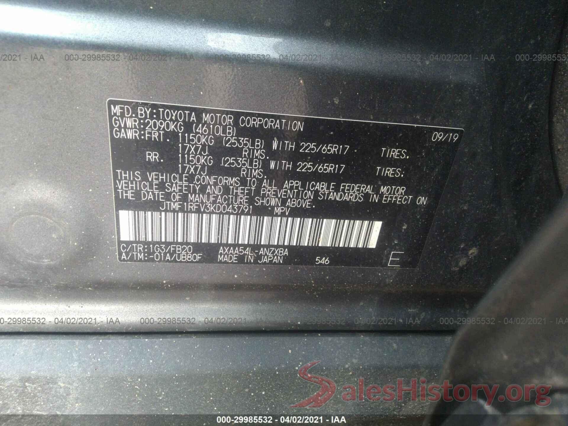 JTMF1RFV3KD043791 2019 TOYOTA RAV4