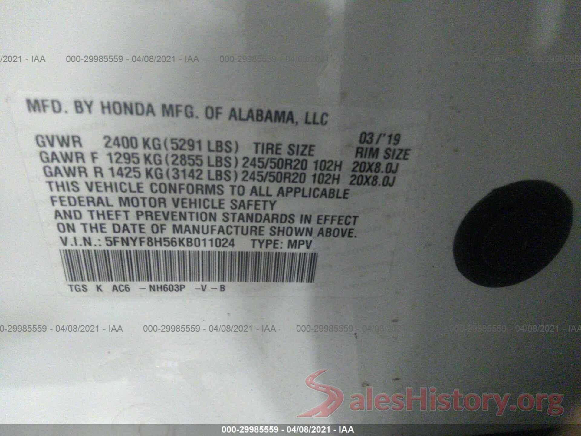 5FNYF8H56KB011024 2019 HONDA PASSPORT