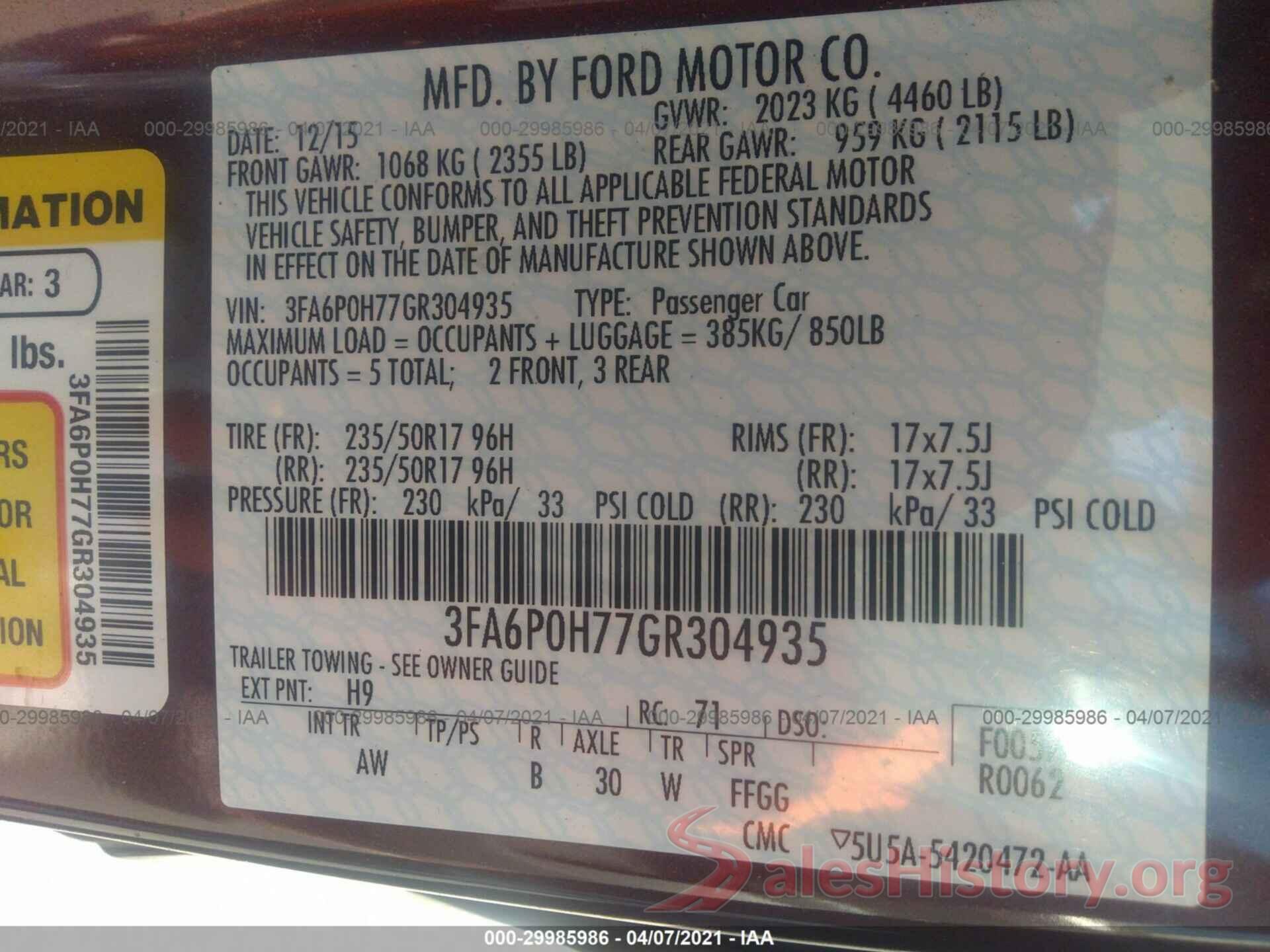 3FA6P0H77GR304935 2016 FORD FUSION