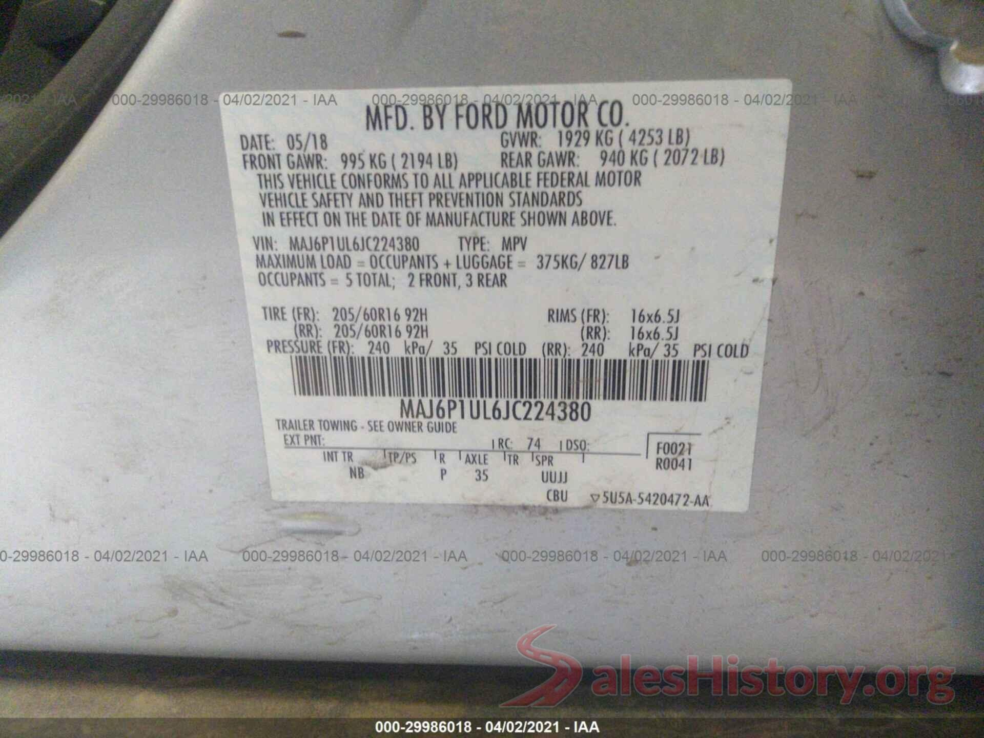 MAJ6P1UL6JC224380 2018 FORD ECOSPORT