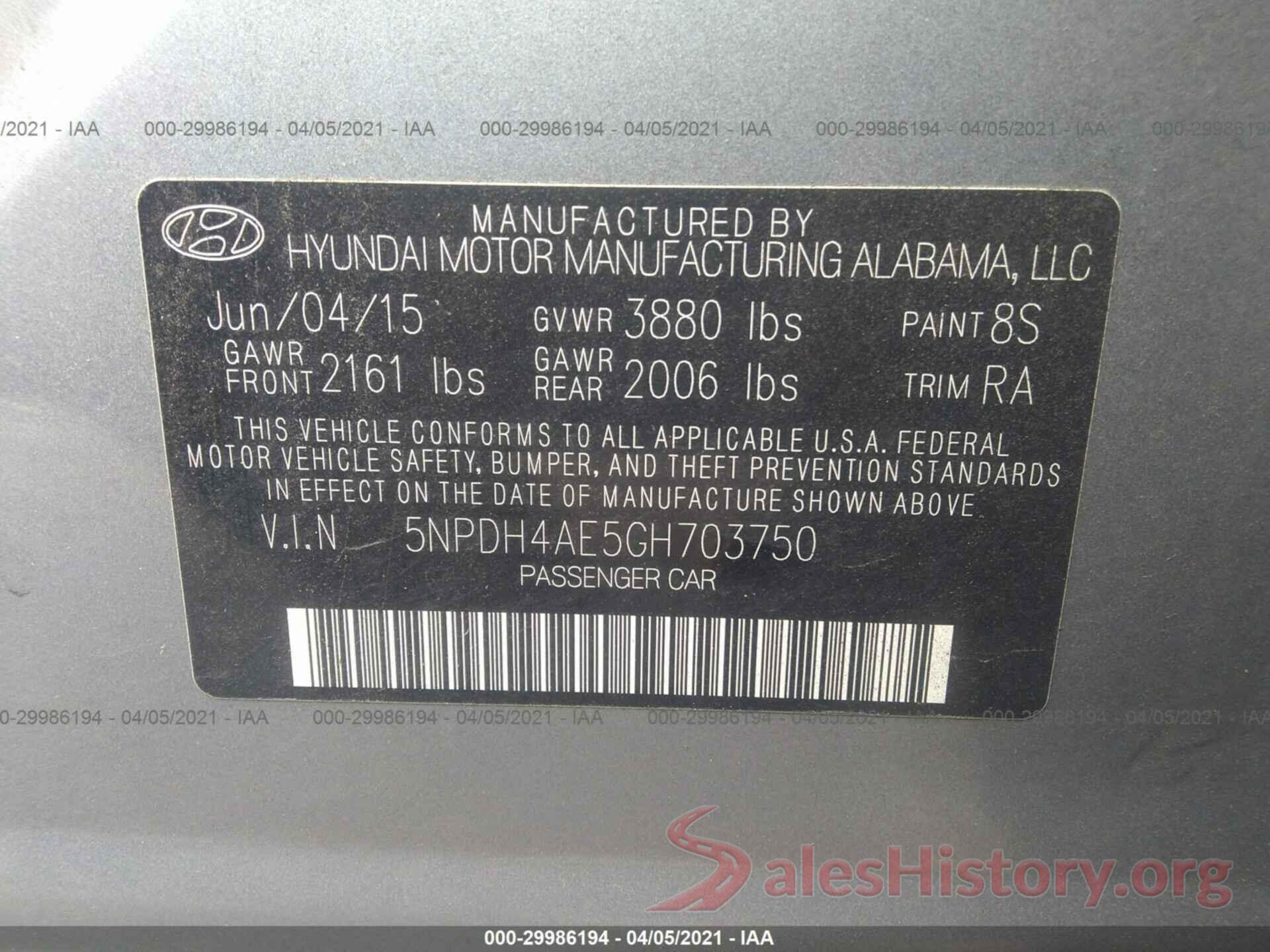 5NPDH4AE5GH703750 2016 HYUNDAI ELANTRA