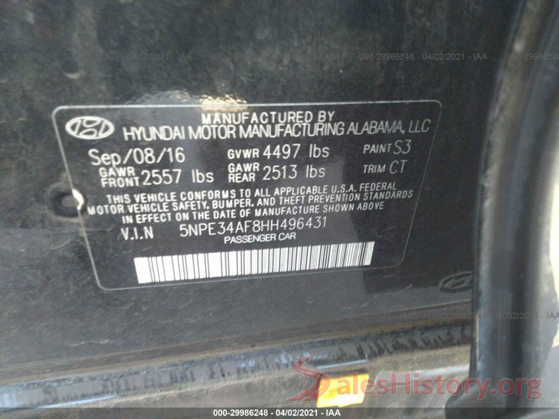 5NPE34AF8HH496431 2017 HYUNDAI SONATA