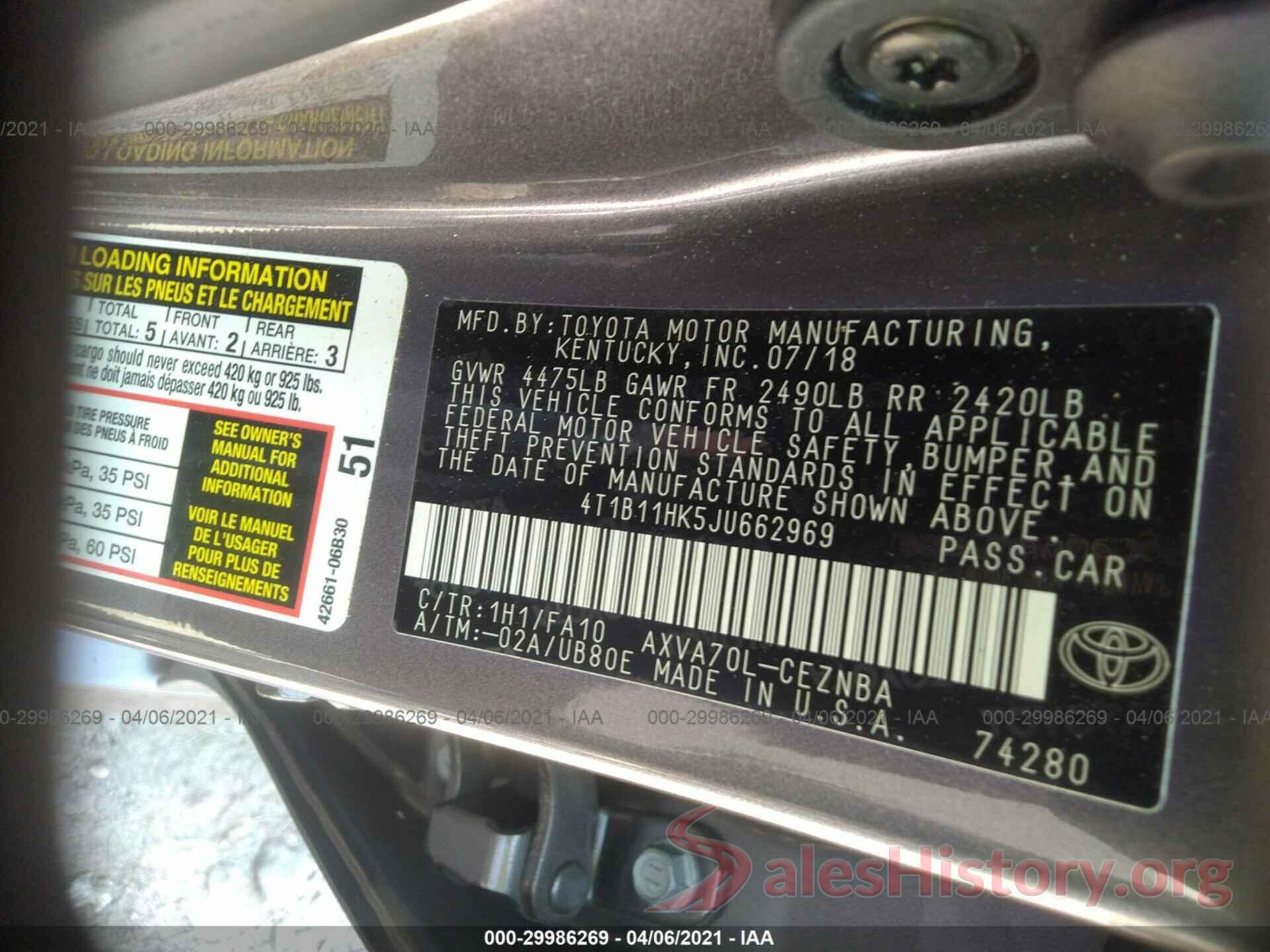 4T1B11HK5JU662969 2018 TOYOTA CAMRY