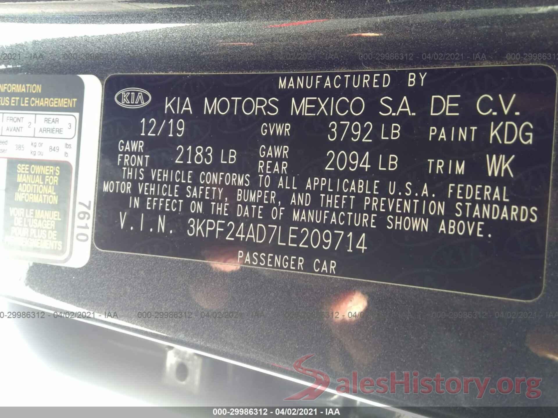 3KPF24AD7LE209714 2020 KIA FORTE