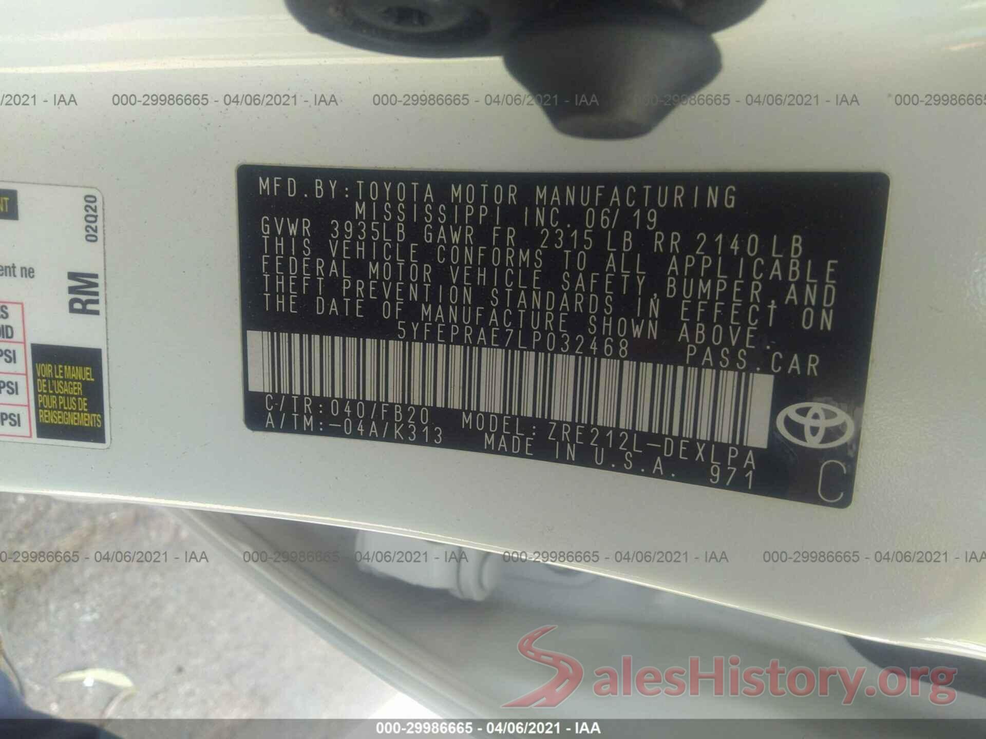 5YFEPRAE7LP032468 2020 TOYOTA COROLLA