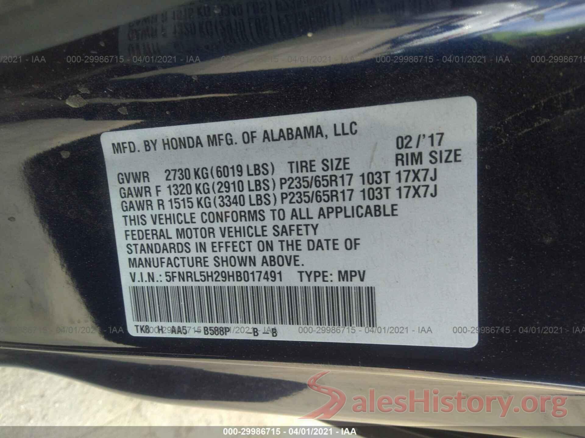 5FNRL5H29HB017491 2017 HONDA ODYSSEY