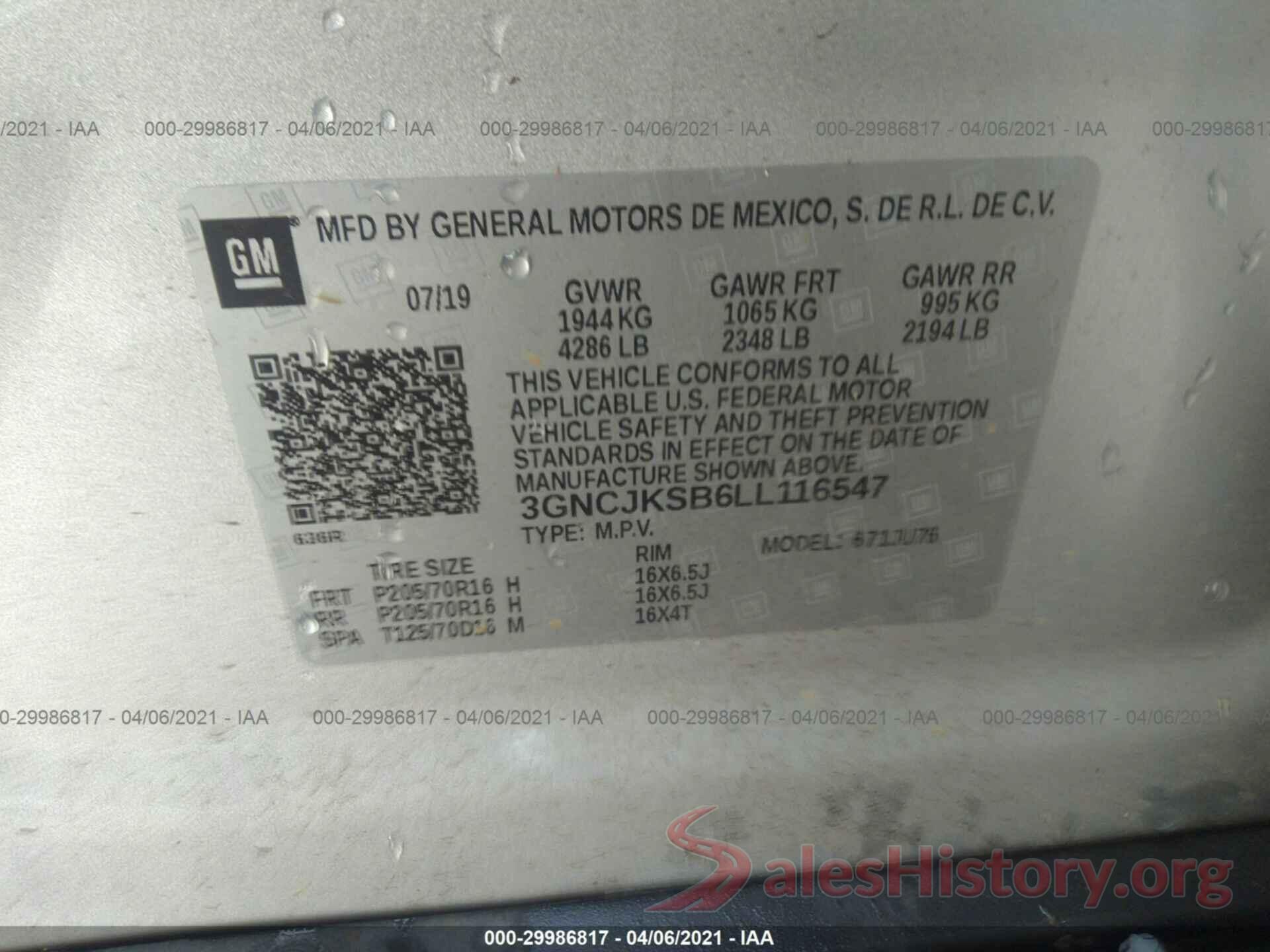 3GNCJKSB6LL116547 2020 CHEVROLET TRAX