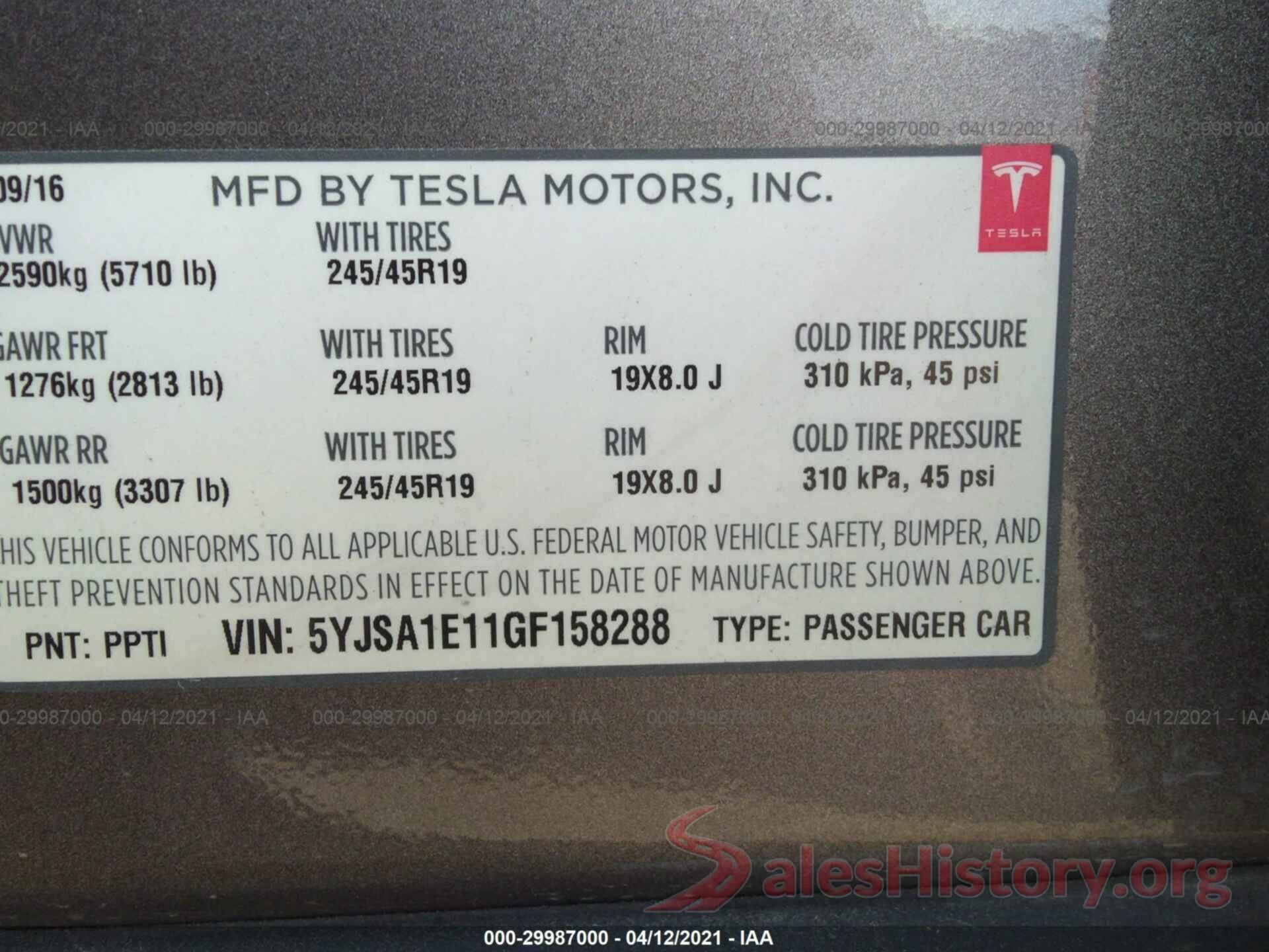 5YJSA1E11GF158288 2016 TESLA MODEL S