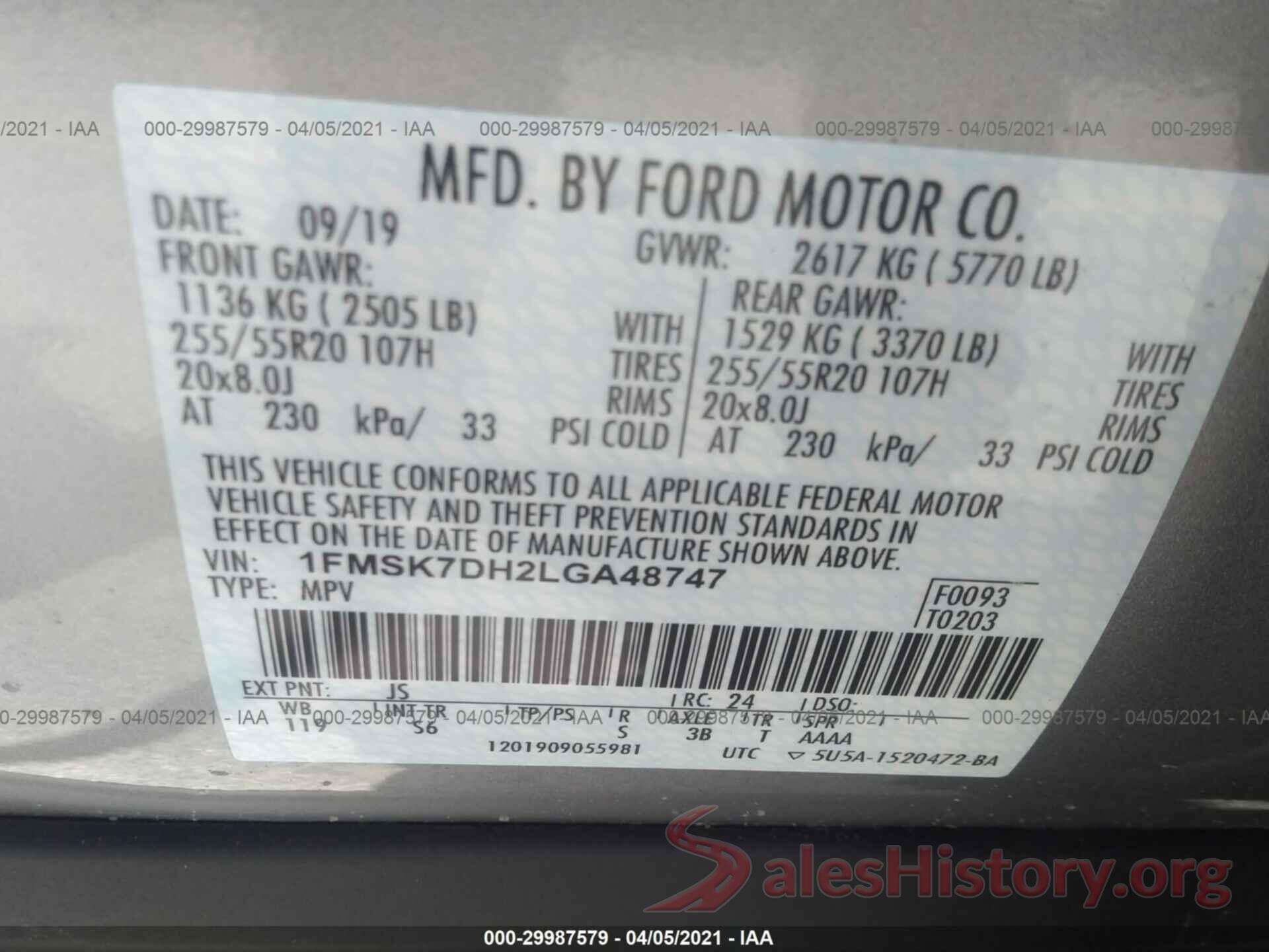 1FMSK7DH2LGA48747 2020 FORD EXPLORER