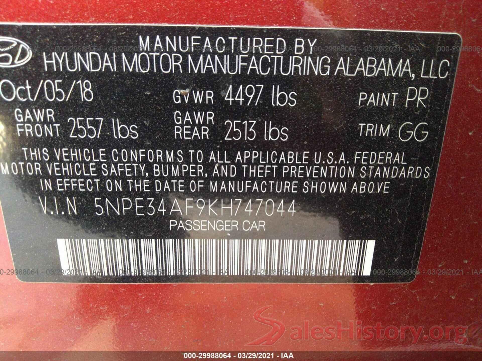 5NPE34AF9KH747044 2019 HYUNDAI SONATA