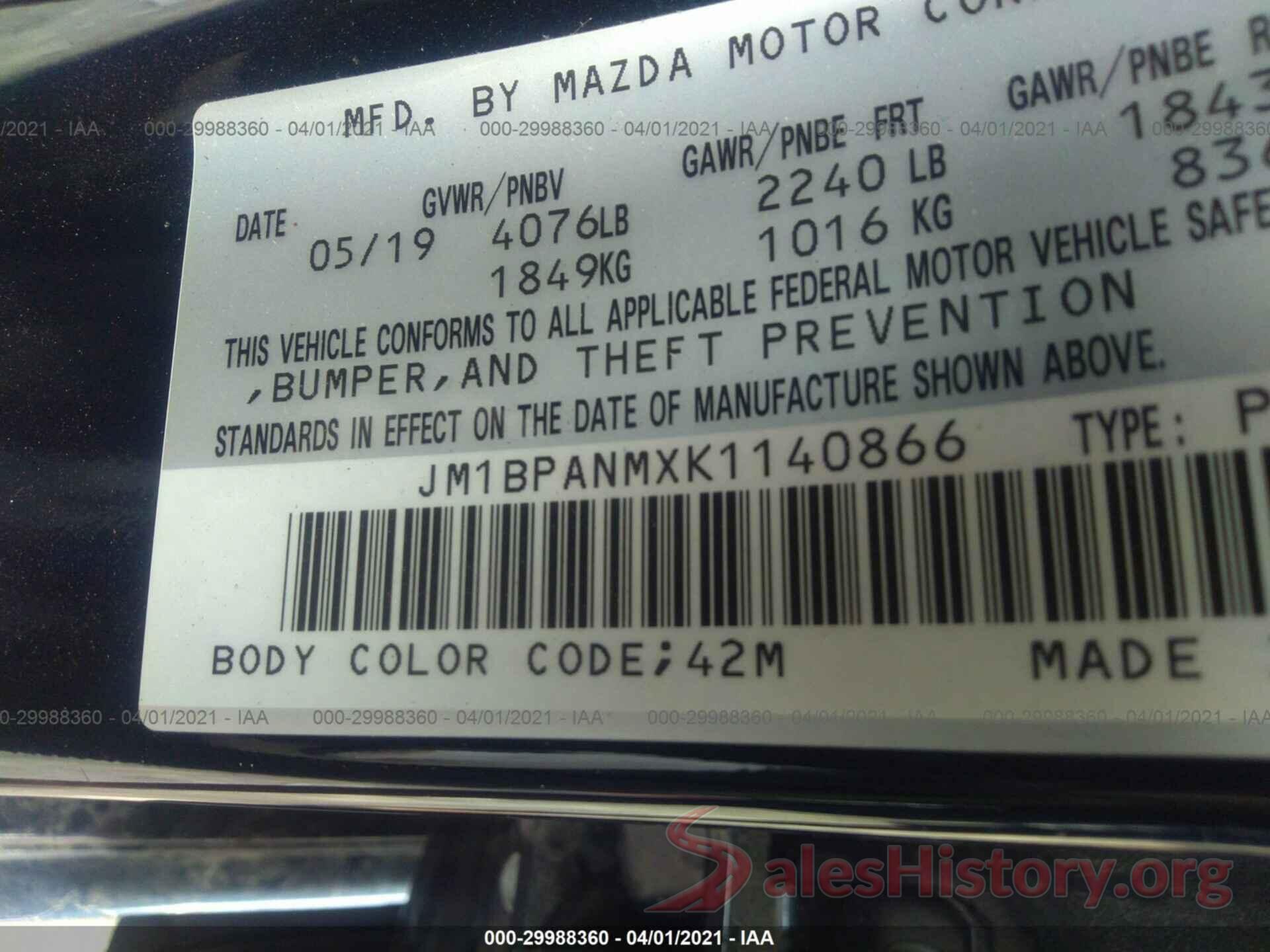 JM1BPANMXK1140866 2019 MAZDA MAZDA3 HATCHBACK