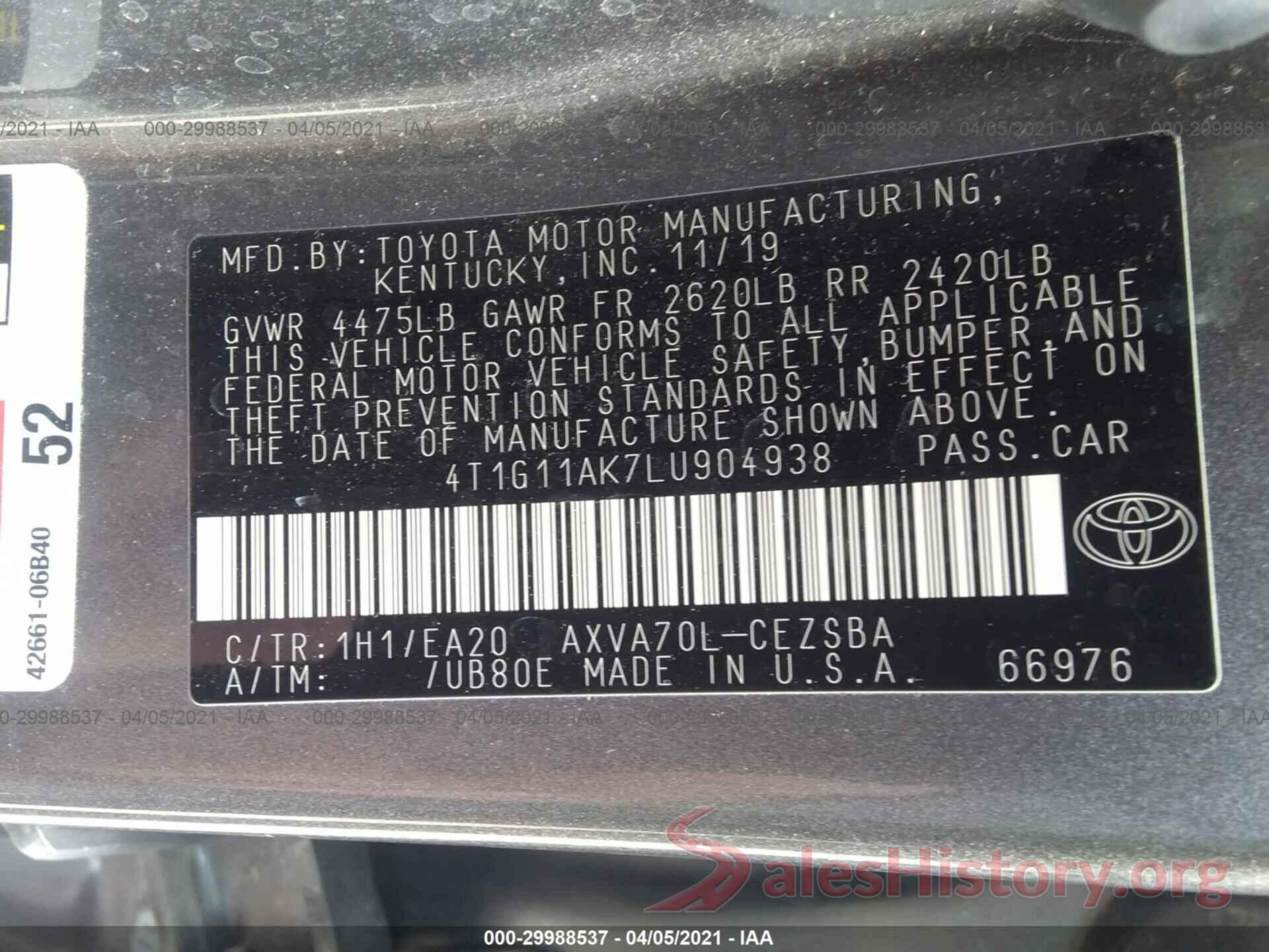 4T1G11AK7LU904938 2020 TOYOTA CAMRY