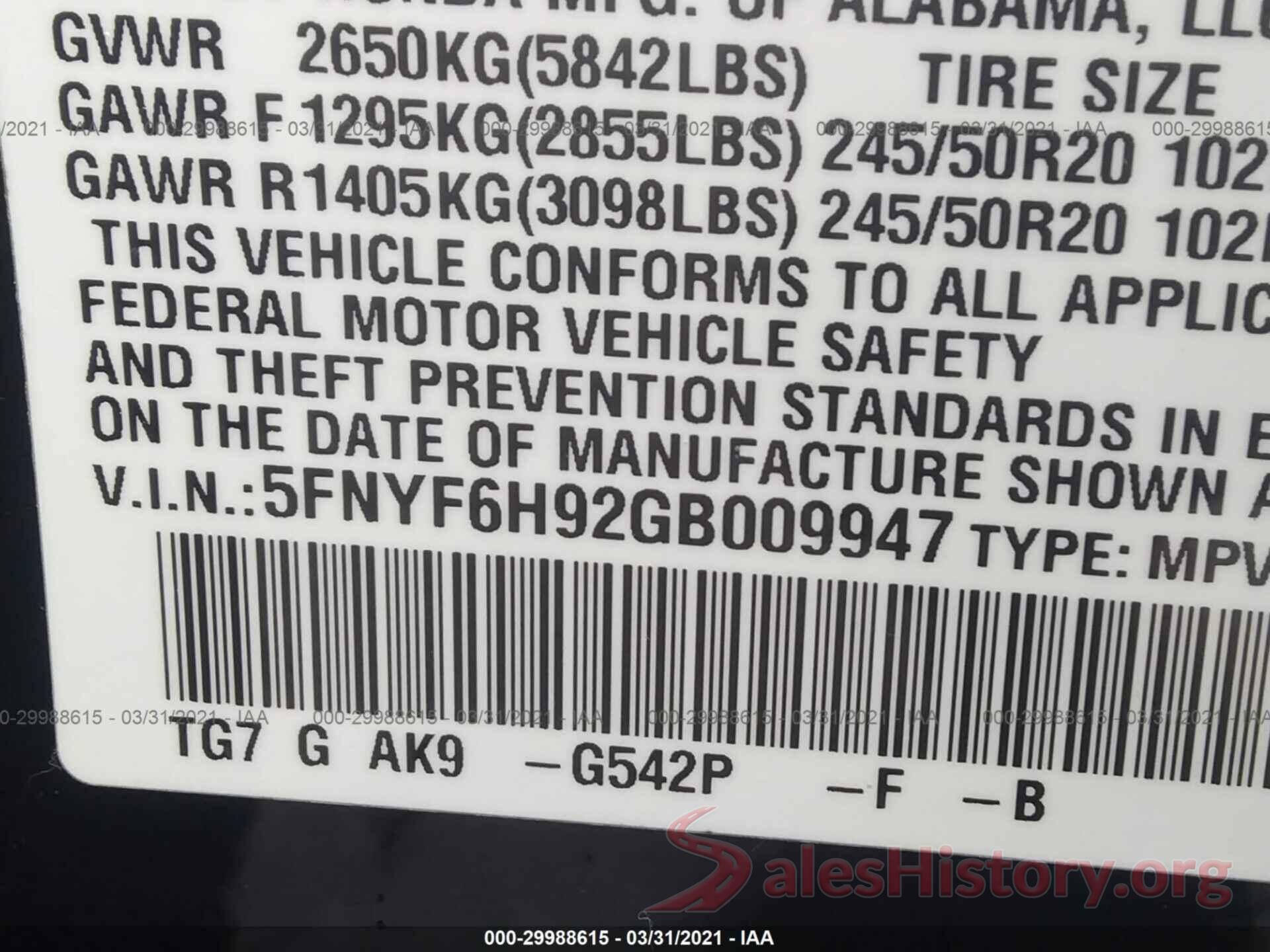 5FNYF6H92GB009947 2016 HONDA PILOT