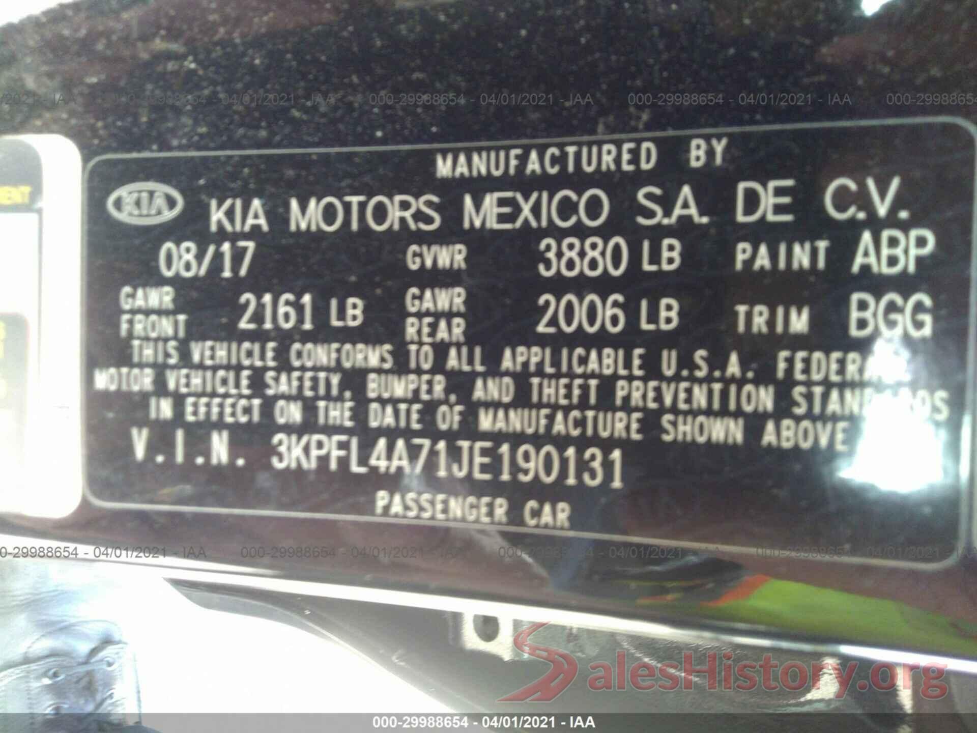 3KPFL4A71JE190131 2018 KIA FORTE