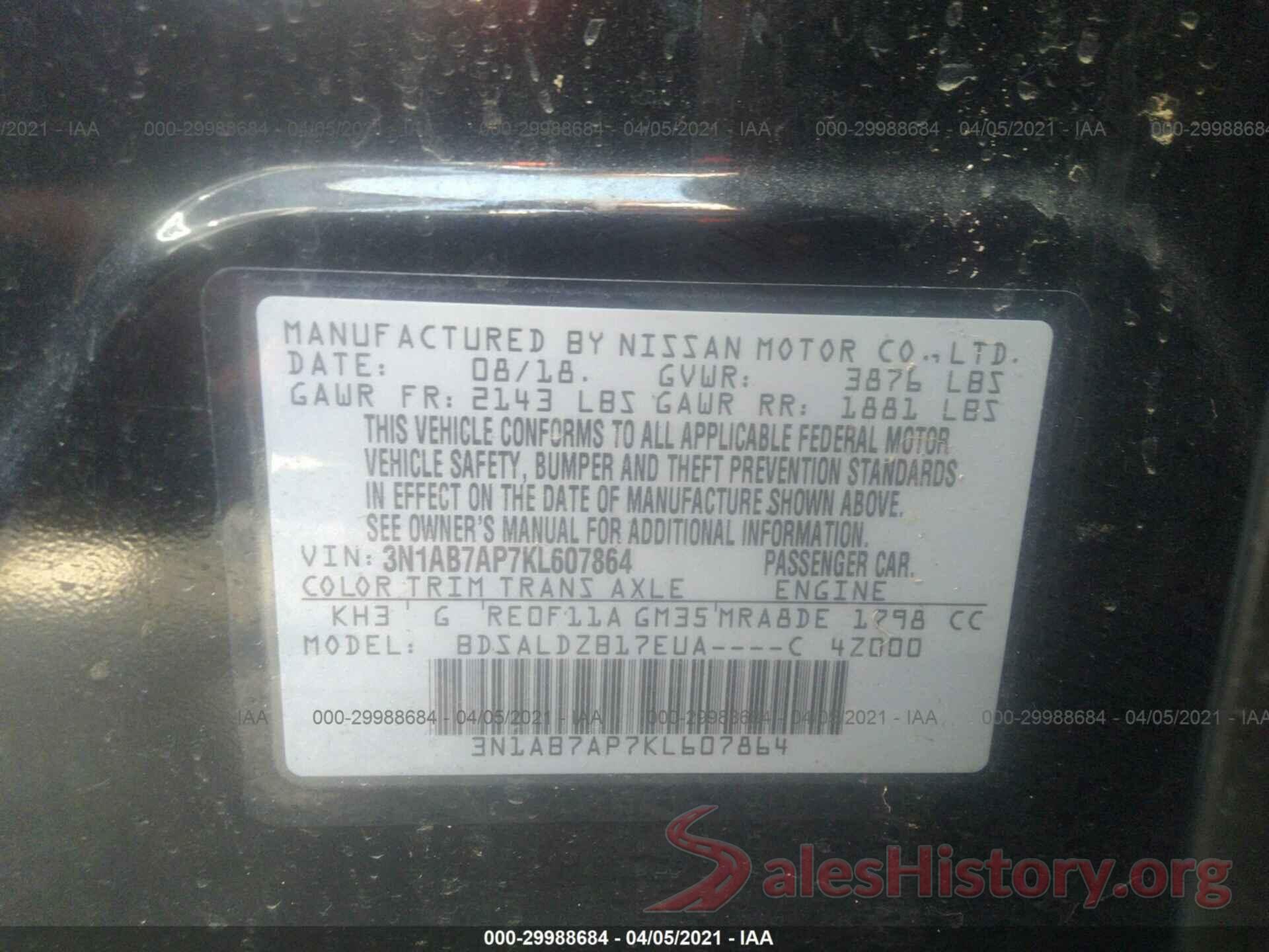 3N1AB7AP7KL607864 2019 NISSAN SENTRA