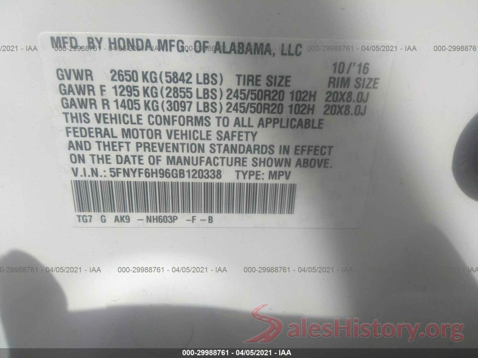 5FNYF6H96GB120338 2016 HONDA PILOT