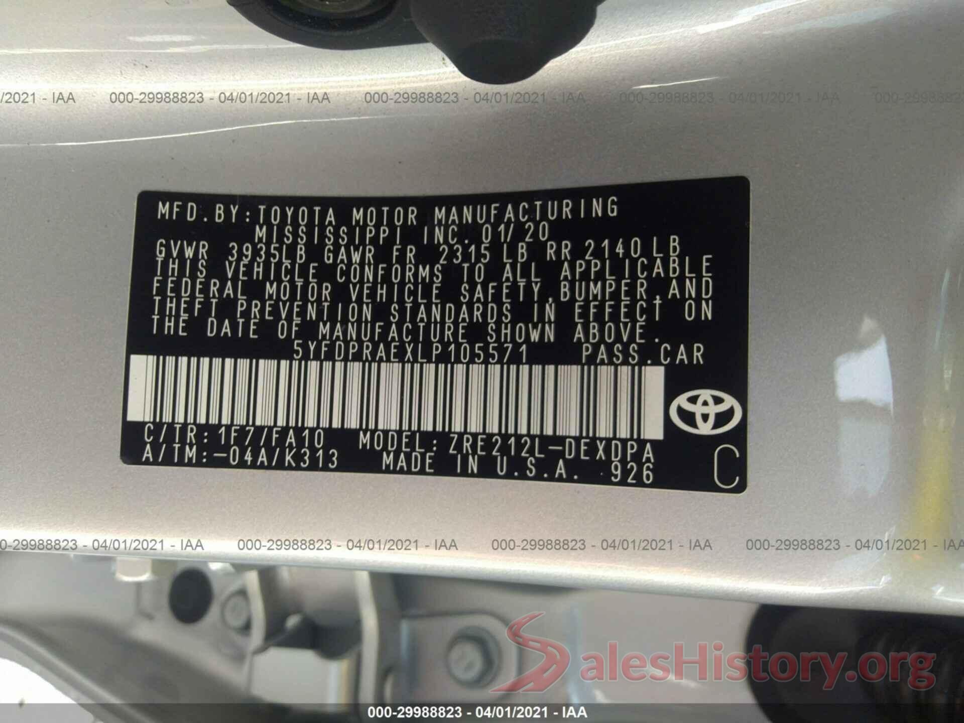 5YFDPRAEXLP105571 2020 TOYOTA COROLLA