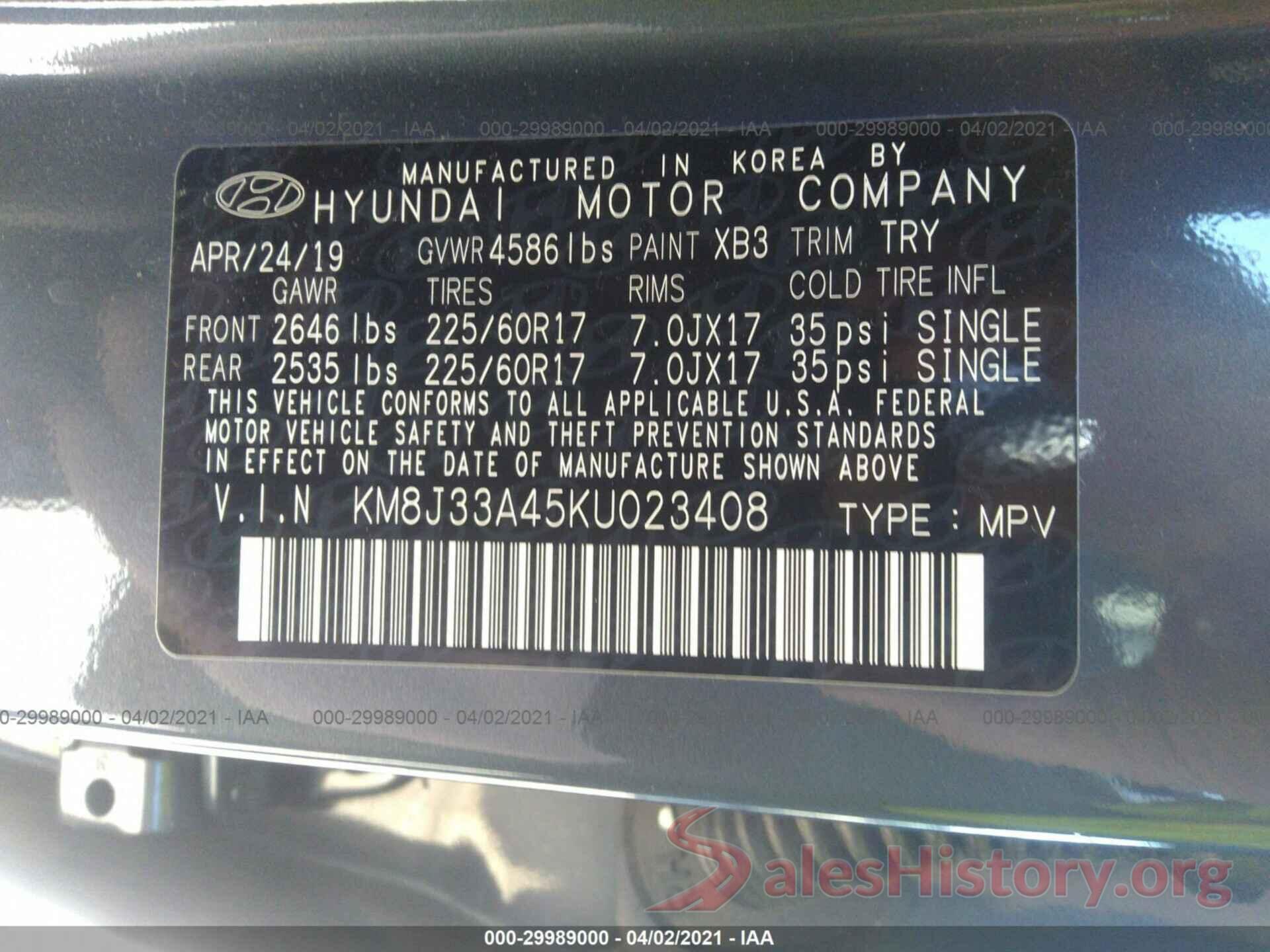 KM8J33A45KU023408 2019 HYUNDAI TUCSON