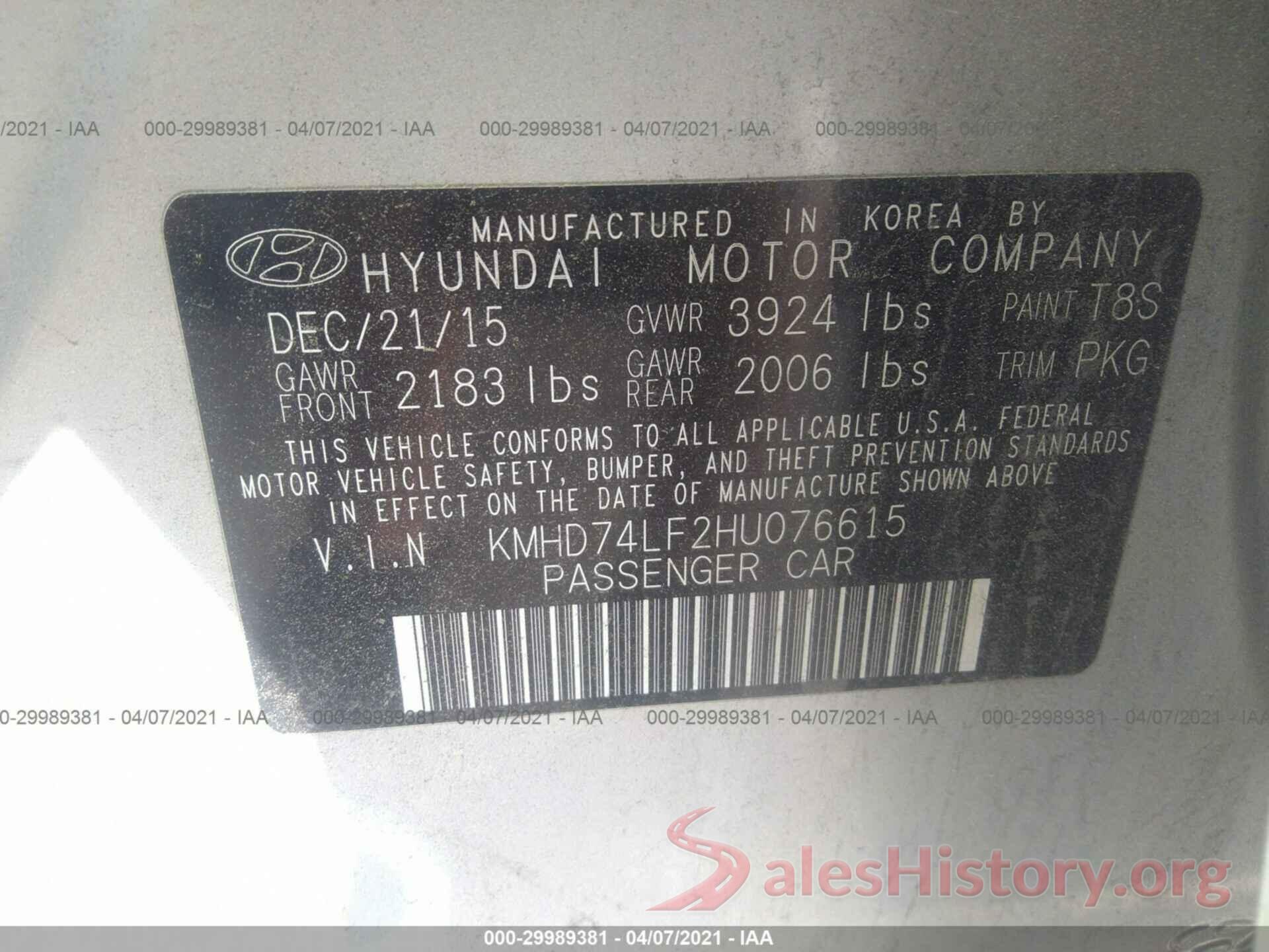 KMHD74LF2HU076615 2017 HYUNDAI ELANTRA