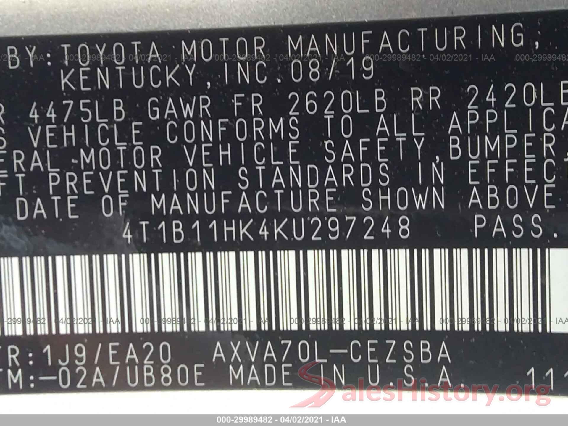 4T1B11HK4KU297248 2019 TOYOTA CAMRY