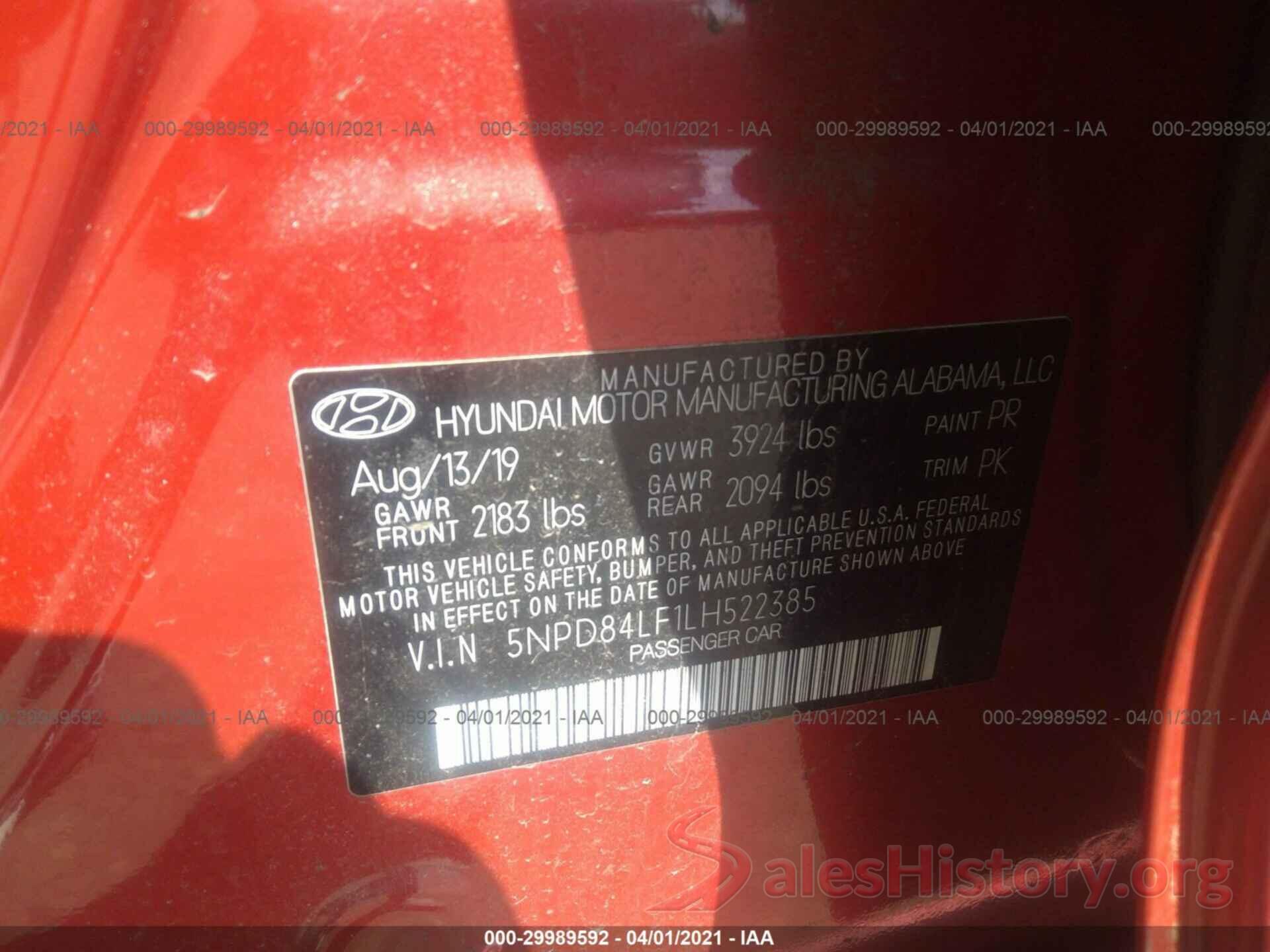 5NPD84LF1LH522385 2020 HYUNDAI ELANTRA