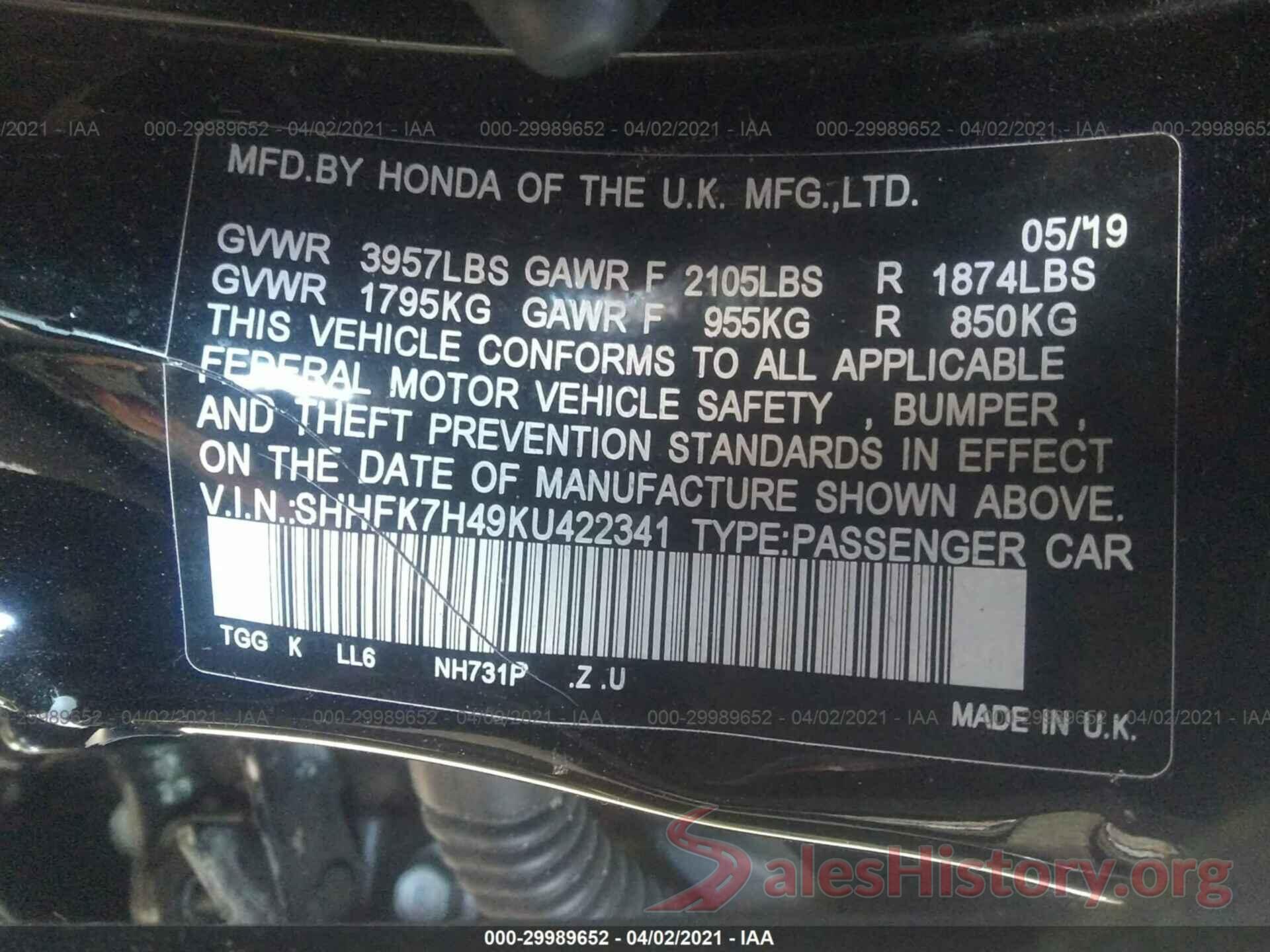 SHHFK7H49KU422341 2019 HONDA CIVIC HATCHBACK