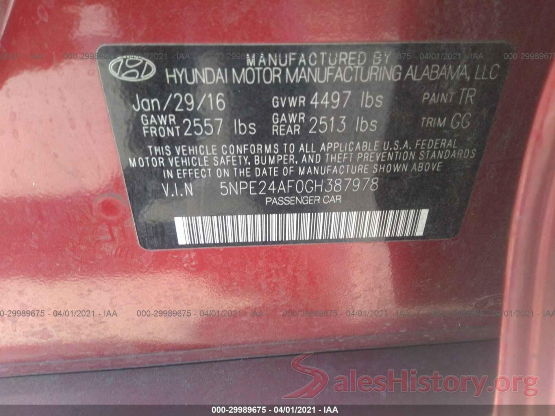 5NPE24AF0GH387978 2016 HYUNDAI SONATA