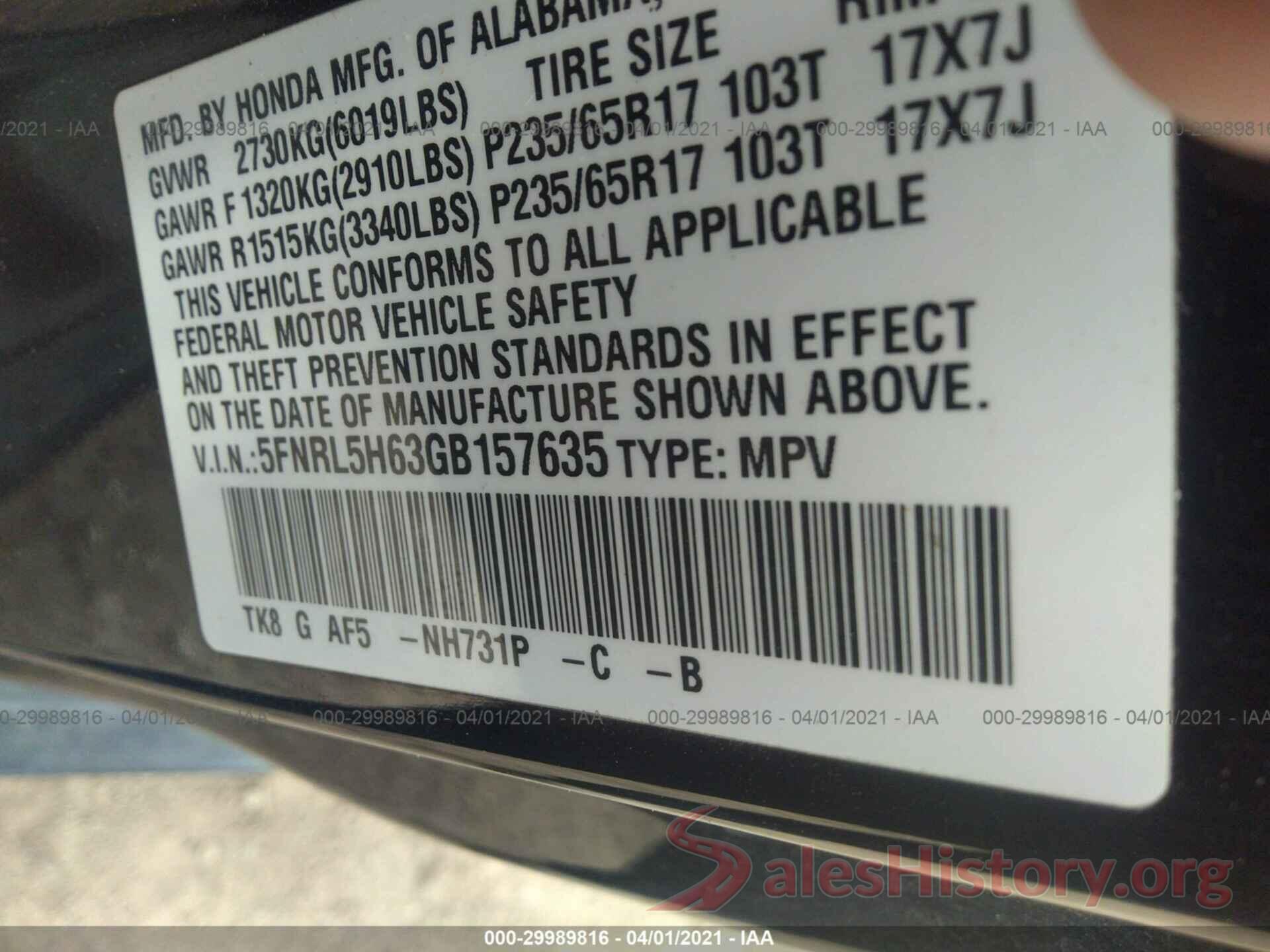 5FNRL5H63GB157635 2016 HONDA ODYSSEY