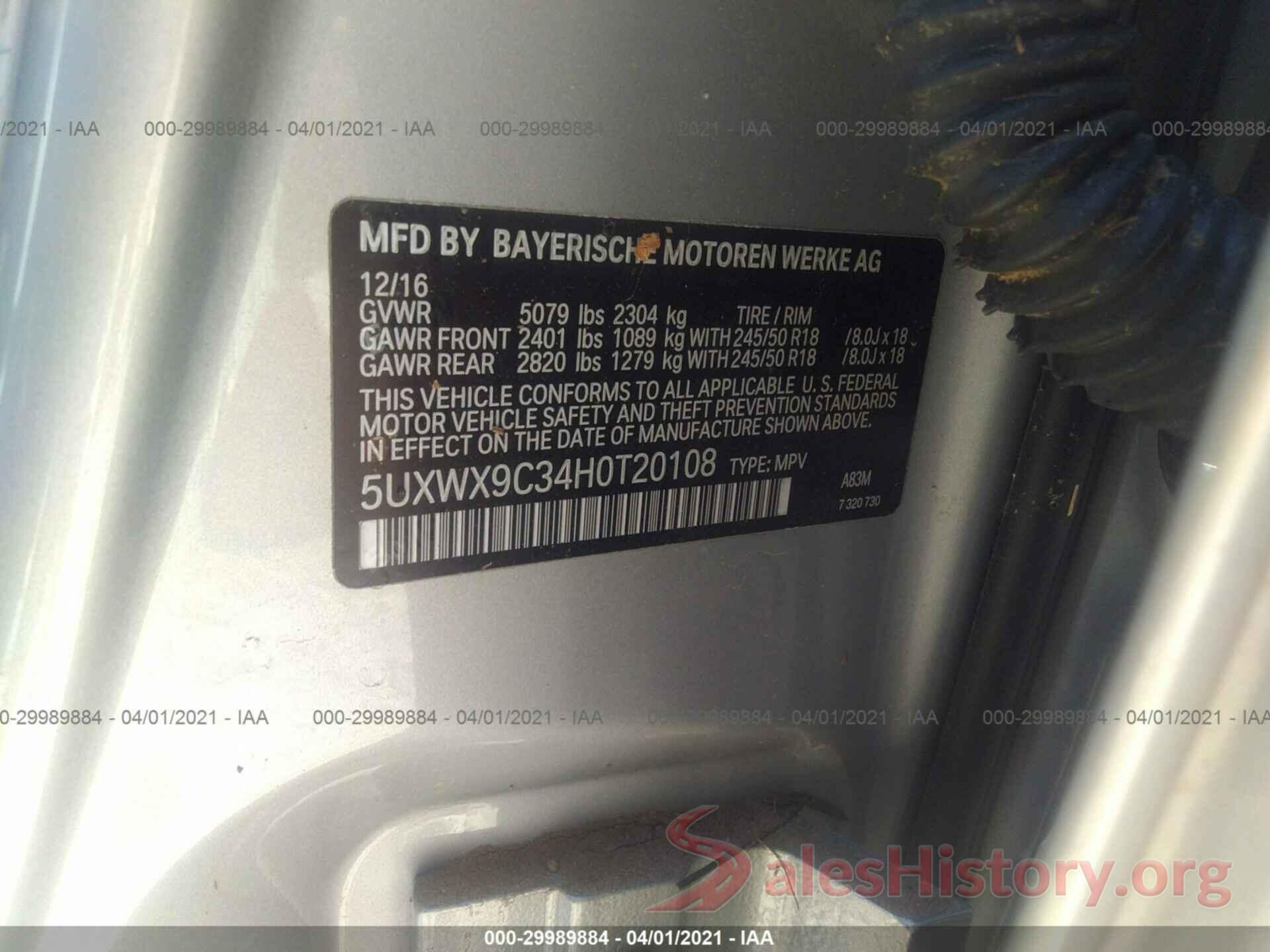 5UXWX9C34H0T20108 2017 BMW X3