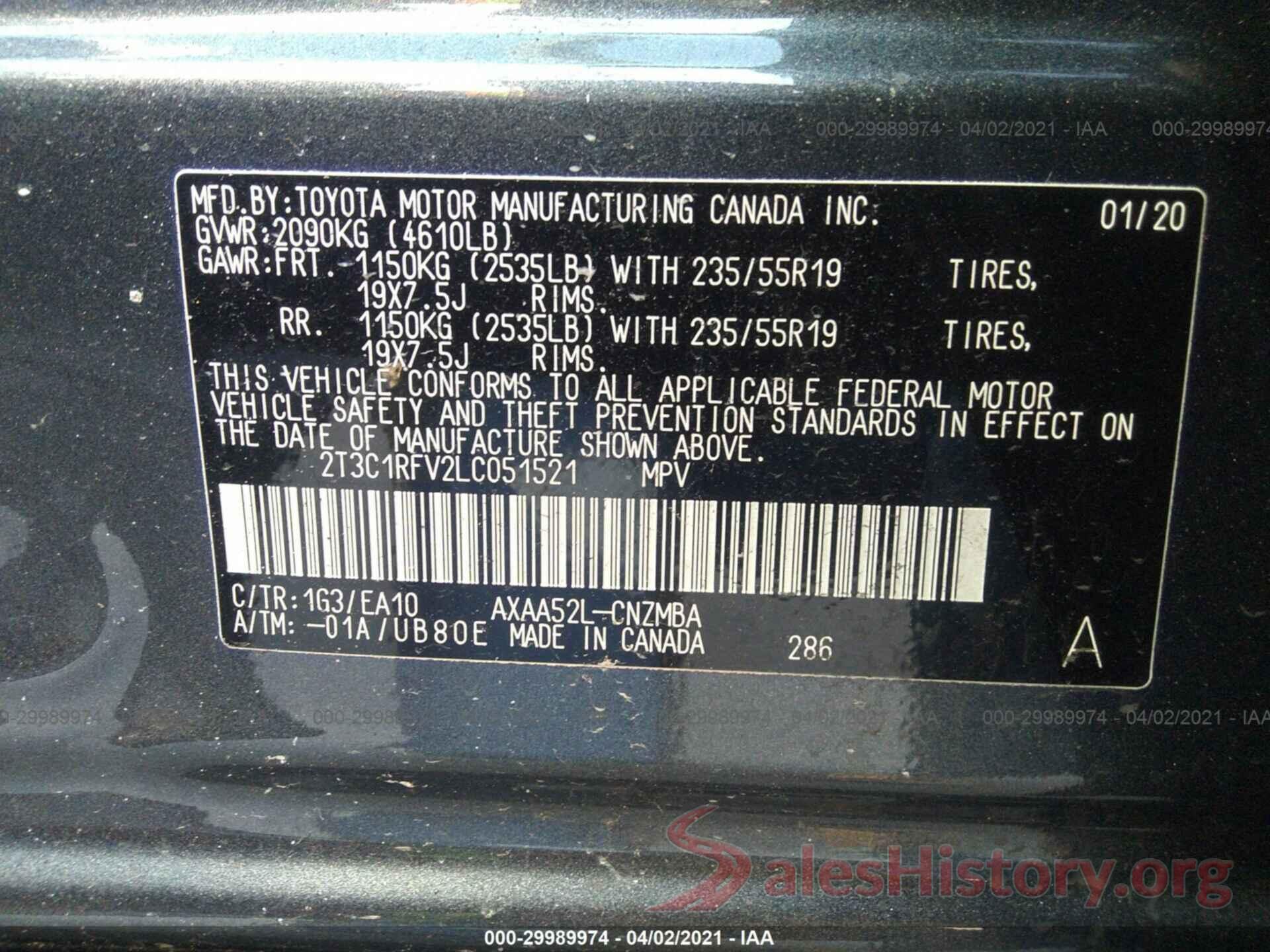 2T3C1RFV2LC051521 2020 TOYOTA RAV4