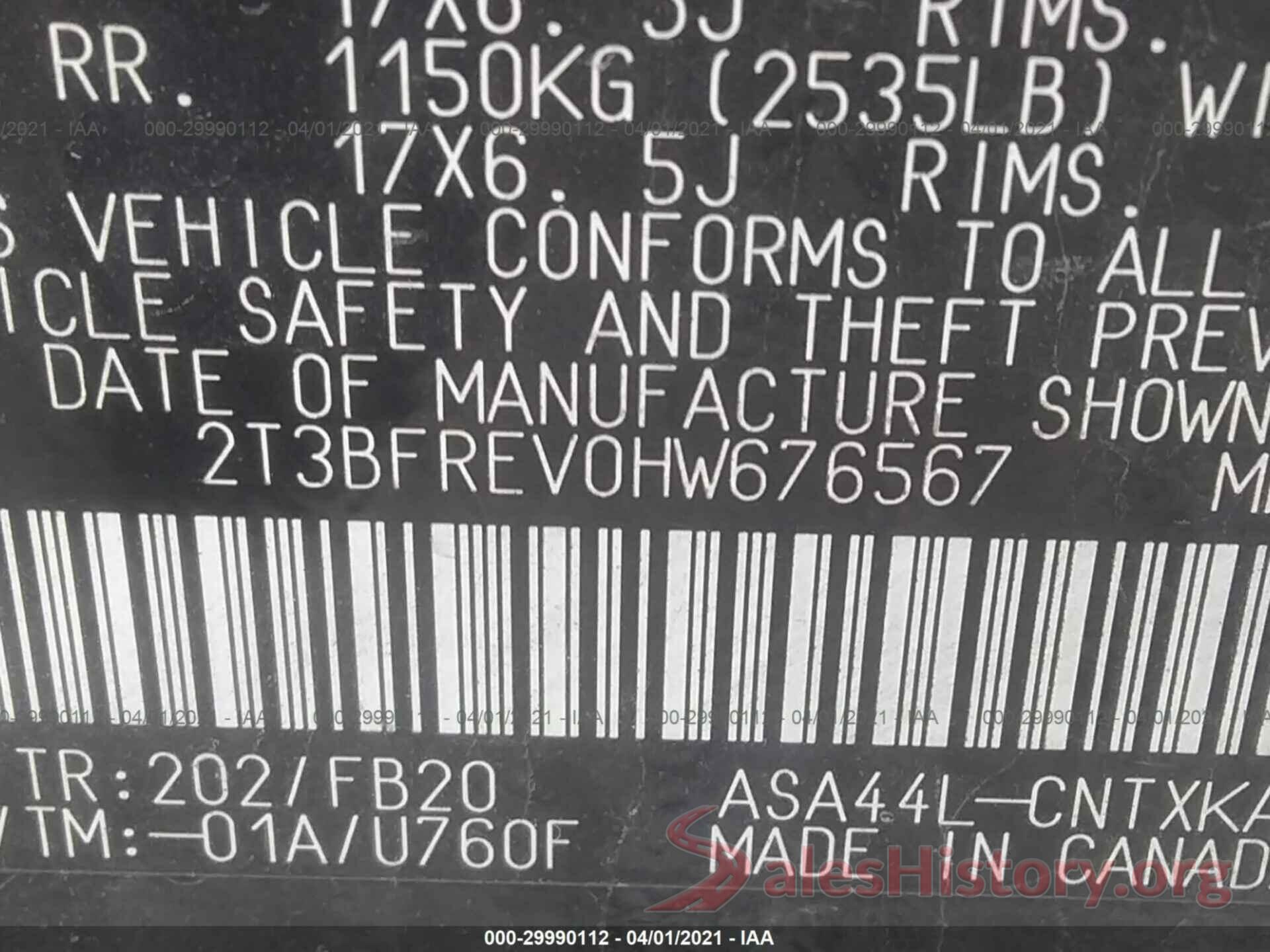 2T3BFREV0HW676567 2017 TOYOTA RAV4