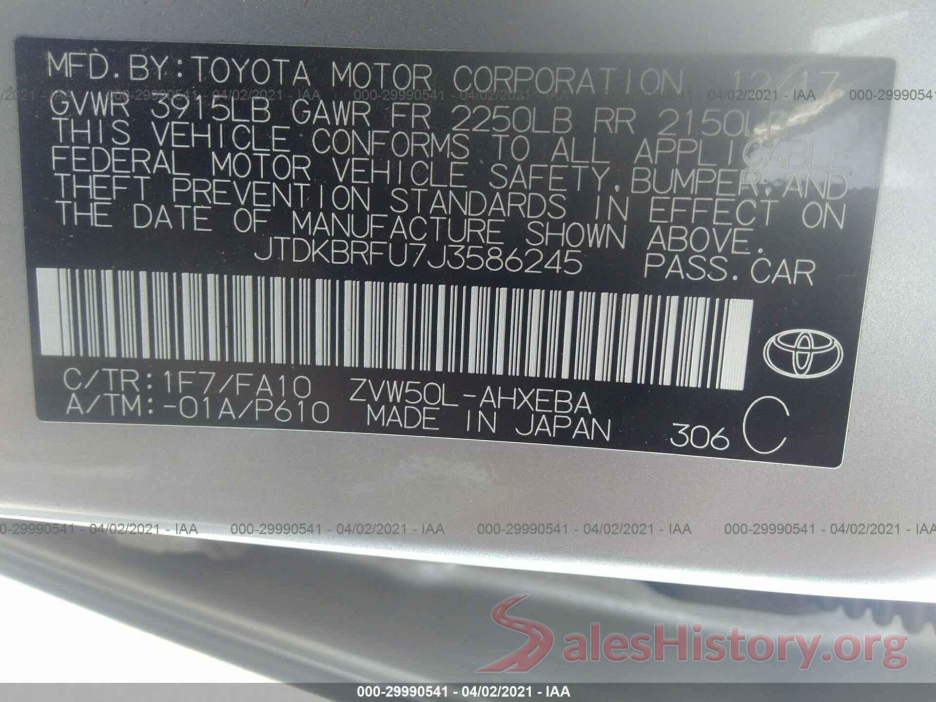 JTDKBRFU7J3586245 2018 TOYOTA PRIUS