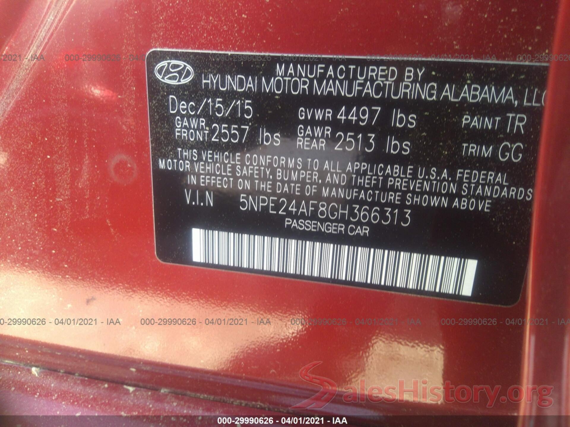 5NPE24AF8GH366313 2016 HYUNDAI SONATA