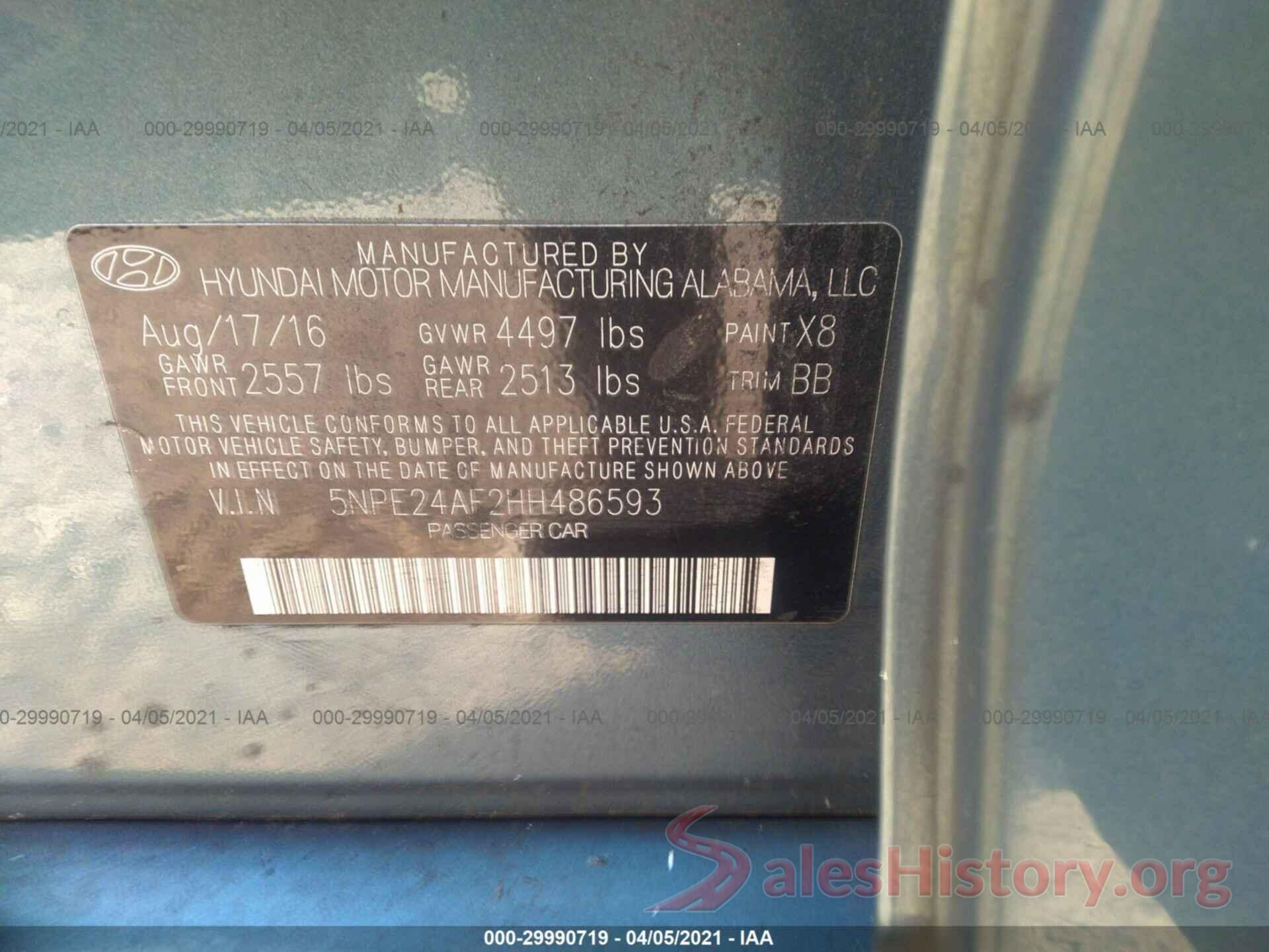 5NPE24AF2HH486593 2017 HYUNDAI SONATA