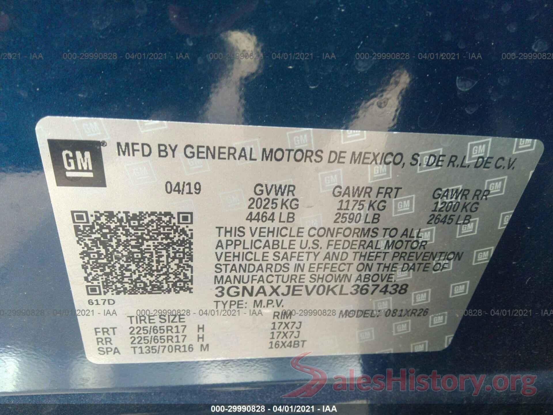 3GNAXJEV0KL367438 2019 CHEVROLET EQUINOX