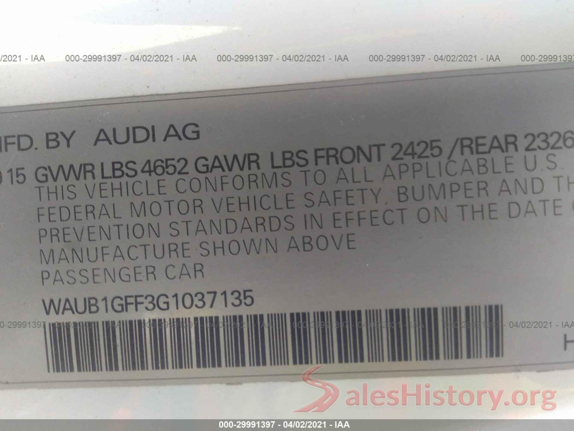 WAUB1GFF3G1037135 2016 AUDI S3