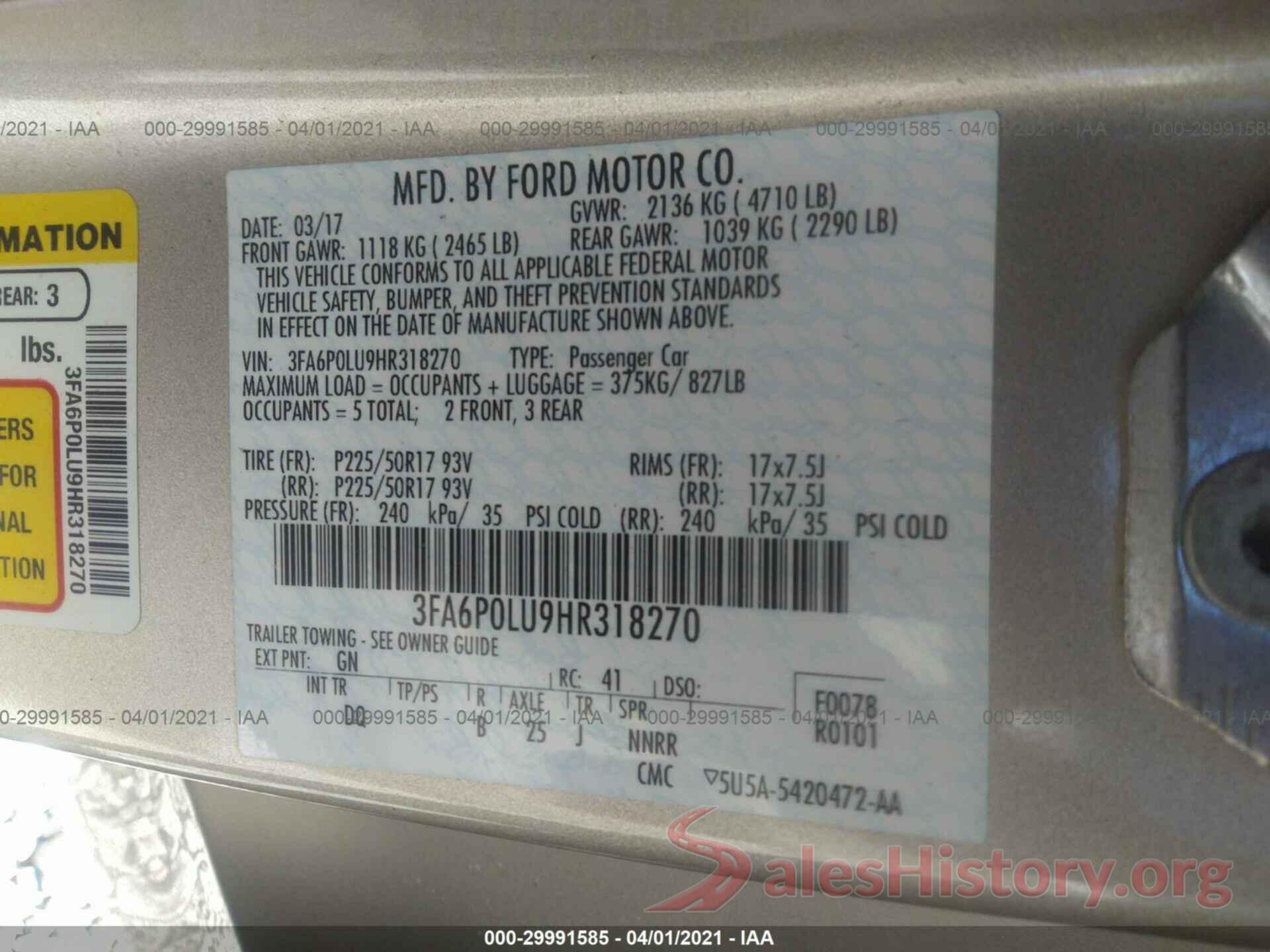 3FA6P0LU9HR318270 2017 FORD FUSION