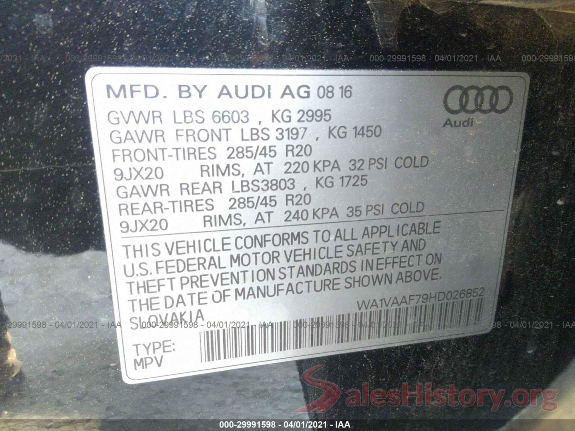 WA1VAAF79HD026852 2017 AUDI Q7